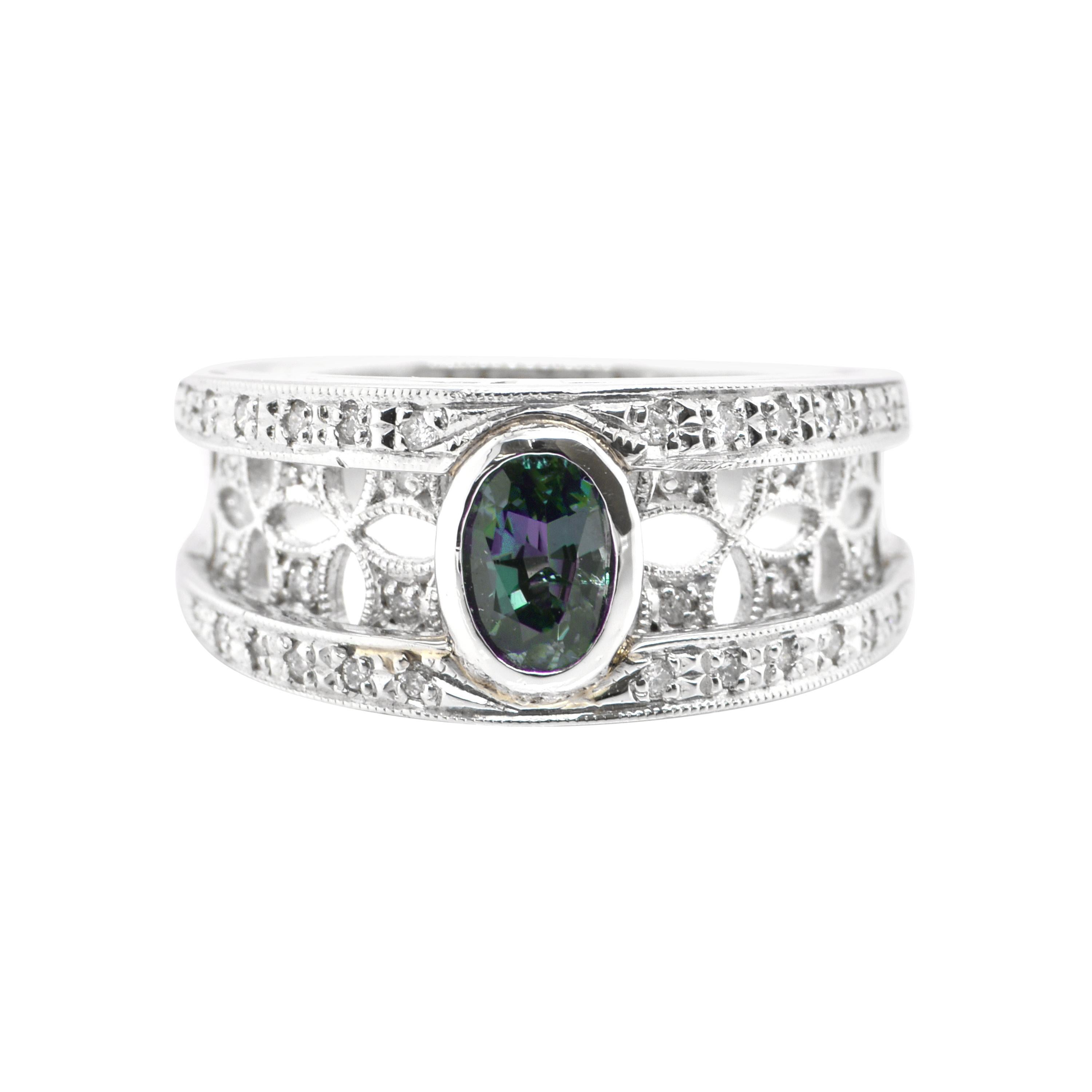 0.61 Carat Natural Color-Changing Alexandrite and Diamond Ring Set in Platinum