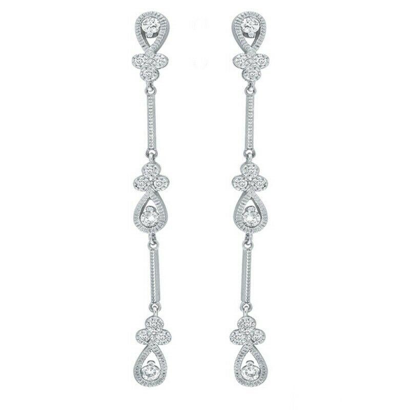 Round Cut 0.61 Carat Natural Diamond Drop Chandelier Stiletto Earrings G SI 14k White Gold For Sale