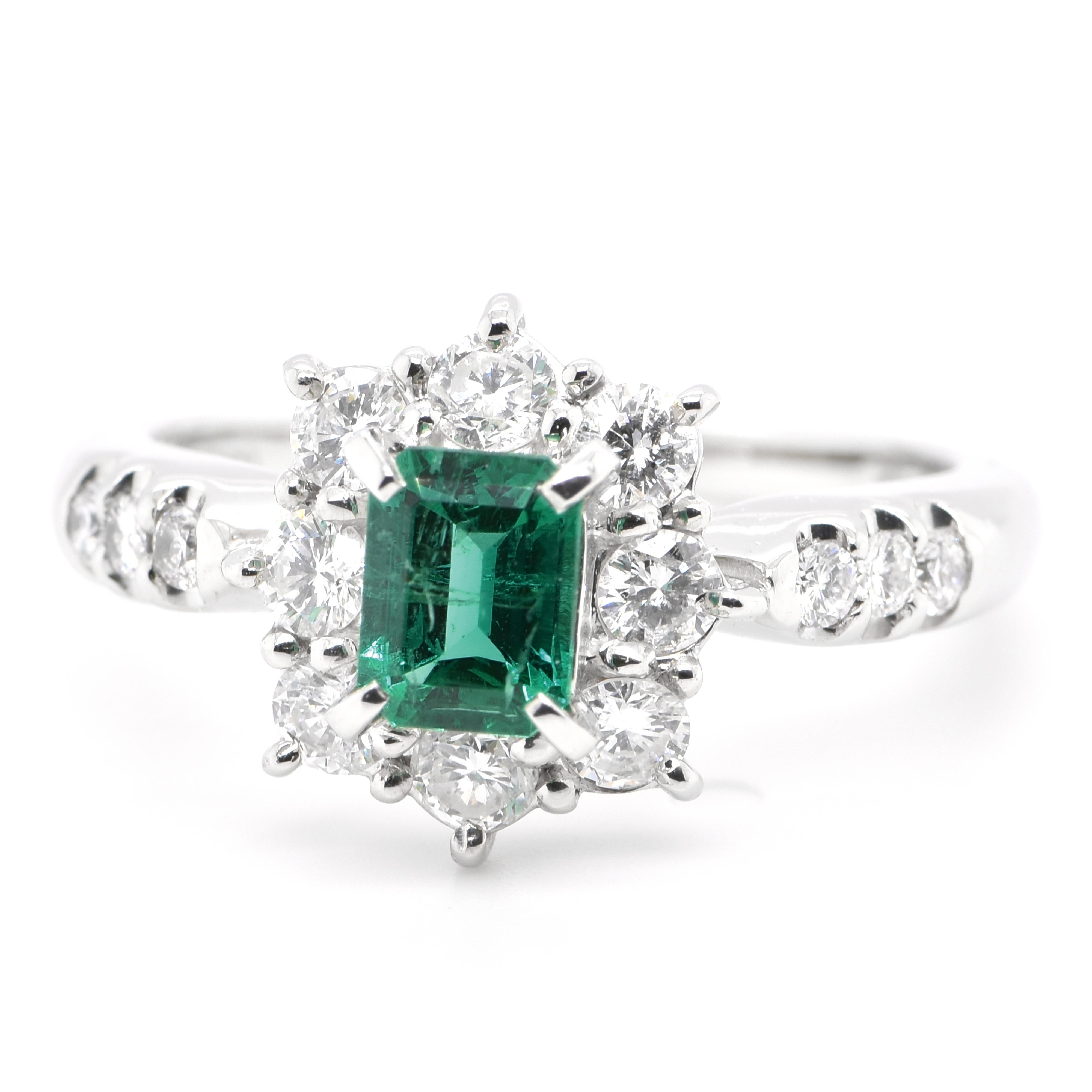 A stunning ring featuring a 0.61 Carat Natural Emerald and 0.61 Carats of Diamond Accents set in Platinum. People have admired emerald’s green for thousands of years. Emeralds have always been associated with the lushest landscapes and the richest