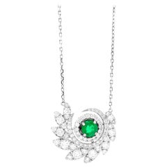 0.61 Carat Natural Round Green Emerald and White Diamond Necklace 14 Karat Gold
