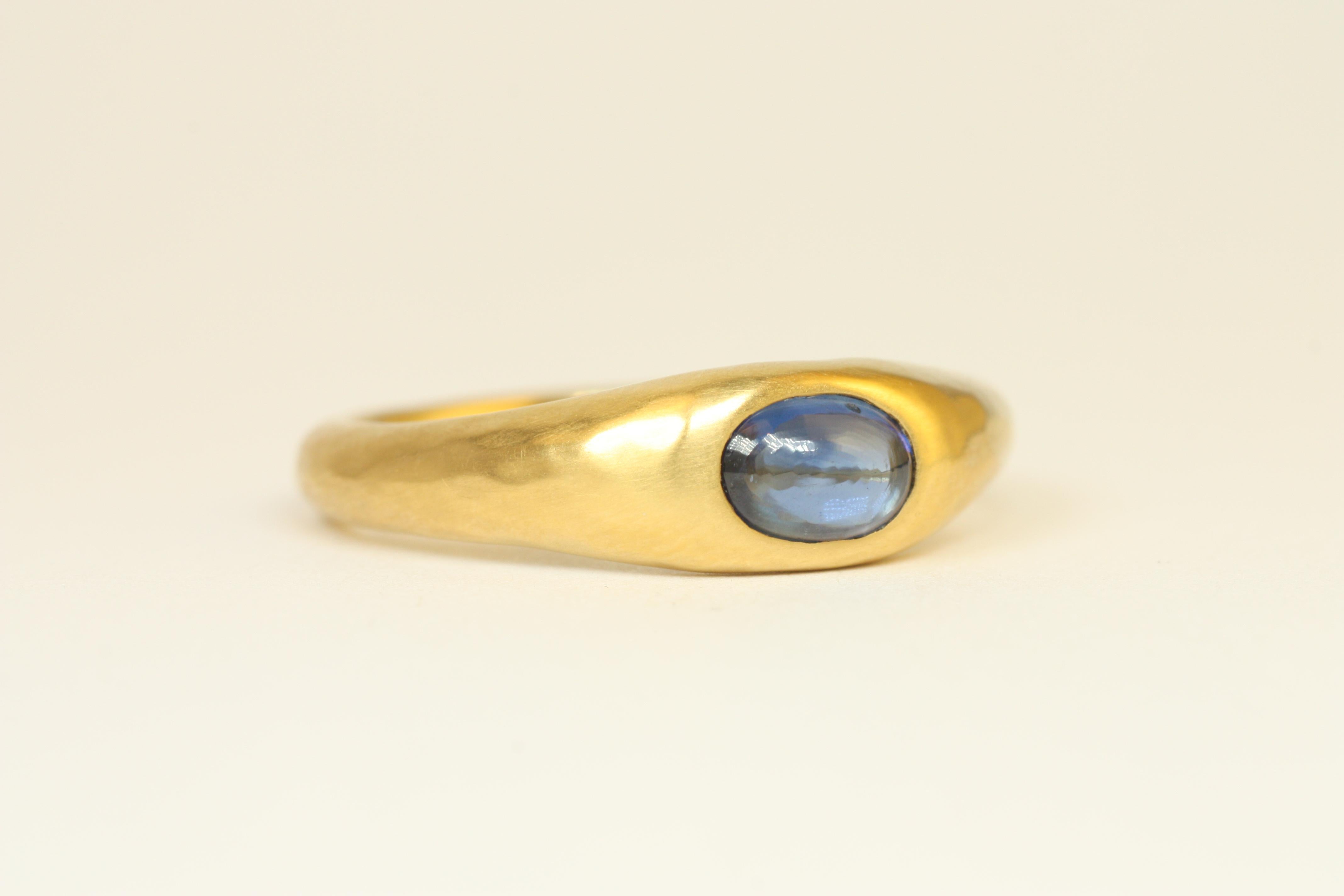 Oval Cut 0.61 Carat Oval Cabochon Cut Blue Sapphire 22K Yellow Gold Handmade Gypsy Ring