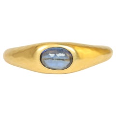 0.61 Carat Oval Cabochon Cut Blue Sapphire 22K Yellow Gold Handmade Gypsy Ring