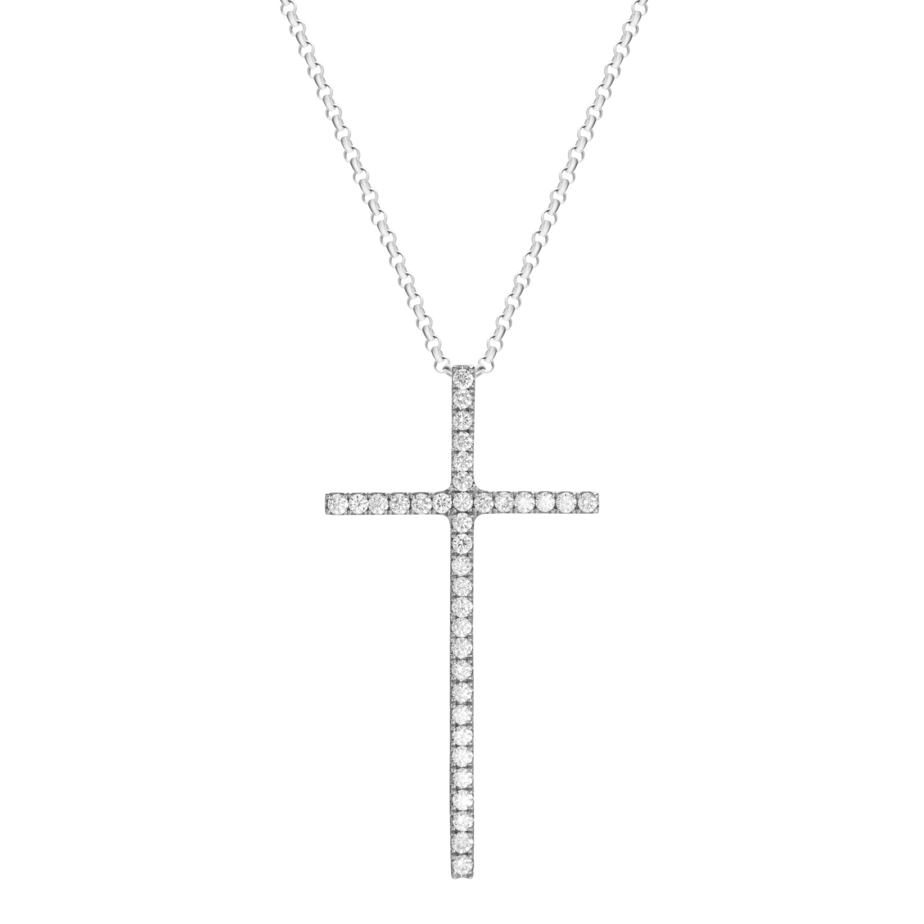 18-karat white gold necklace features a cross pendant accented by 0.61 carats of round brilliant cut diamonds.  Chain length 18 inches.  Pendant height 4cm, pendant width 2.1cm.  Also available in rose gold.

Composition:
18K White Gold
36 Round