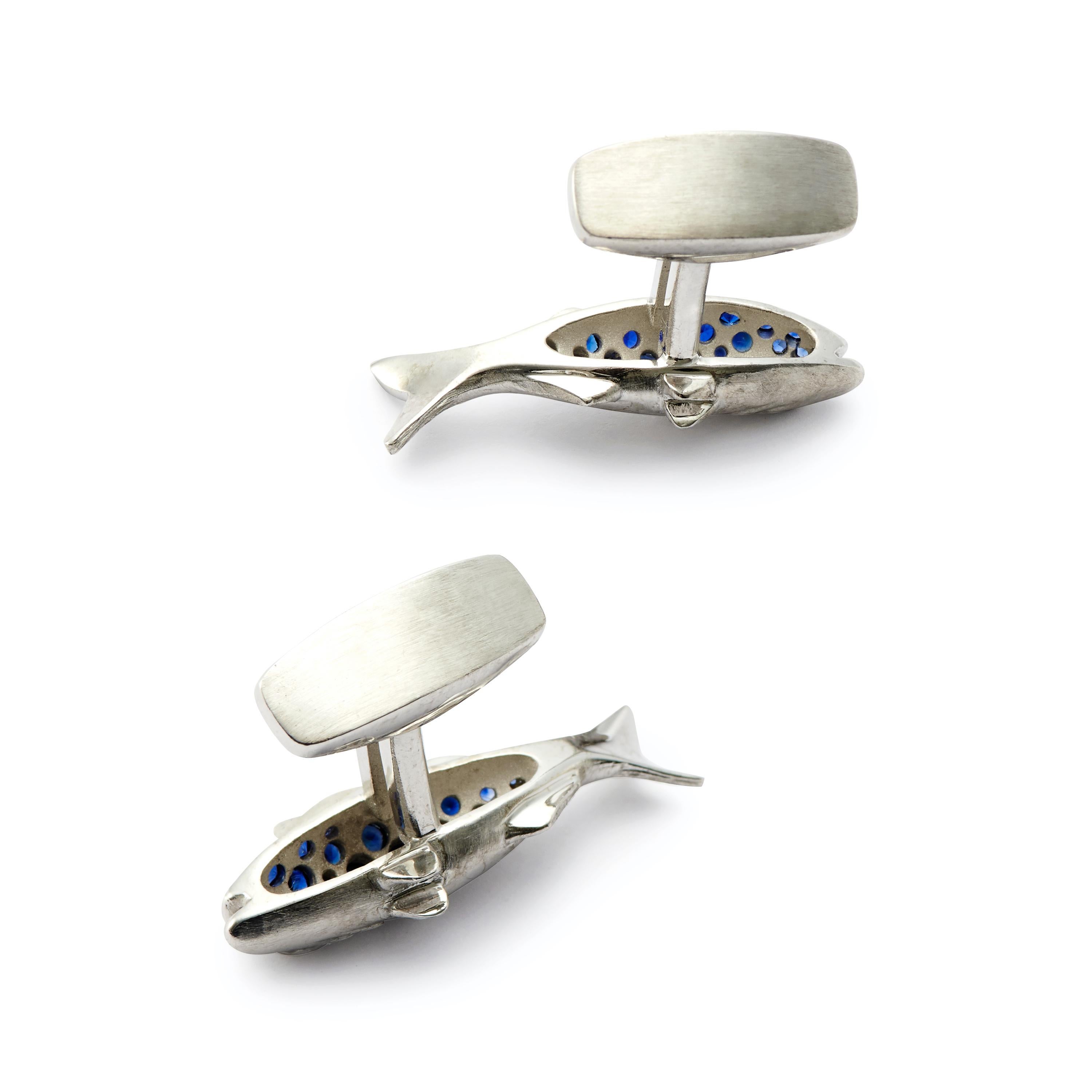 Nantucket Blues! For the sophisticated angler, Blue Sapphire (0.61 Carat) and 18 Karat Palladium White Gold cufflinks will be enjoyed and admired long after the sun goes down.

Also available in complementary pendants, in two sizes. A unique idea