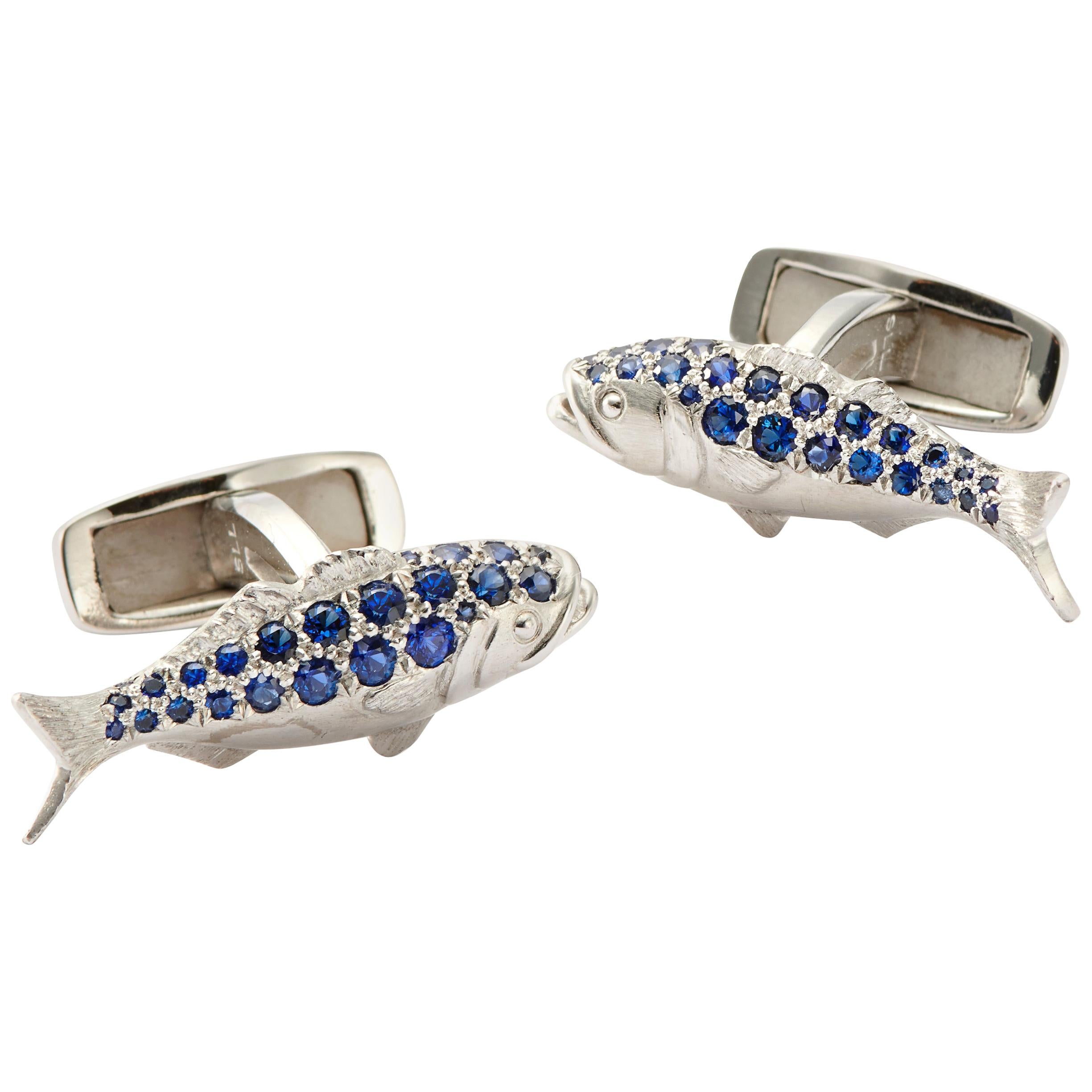 Susan Lister Locke 0.61ct Sapphire Bluefish & 18K Palladium White Gold Cufflinks For Sale