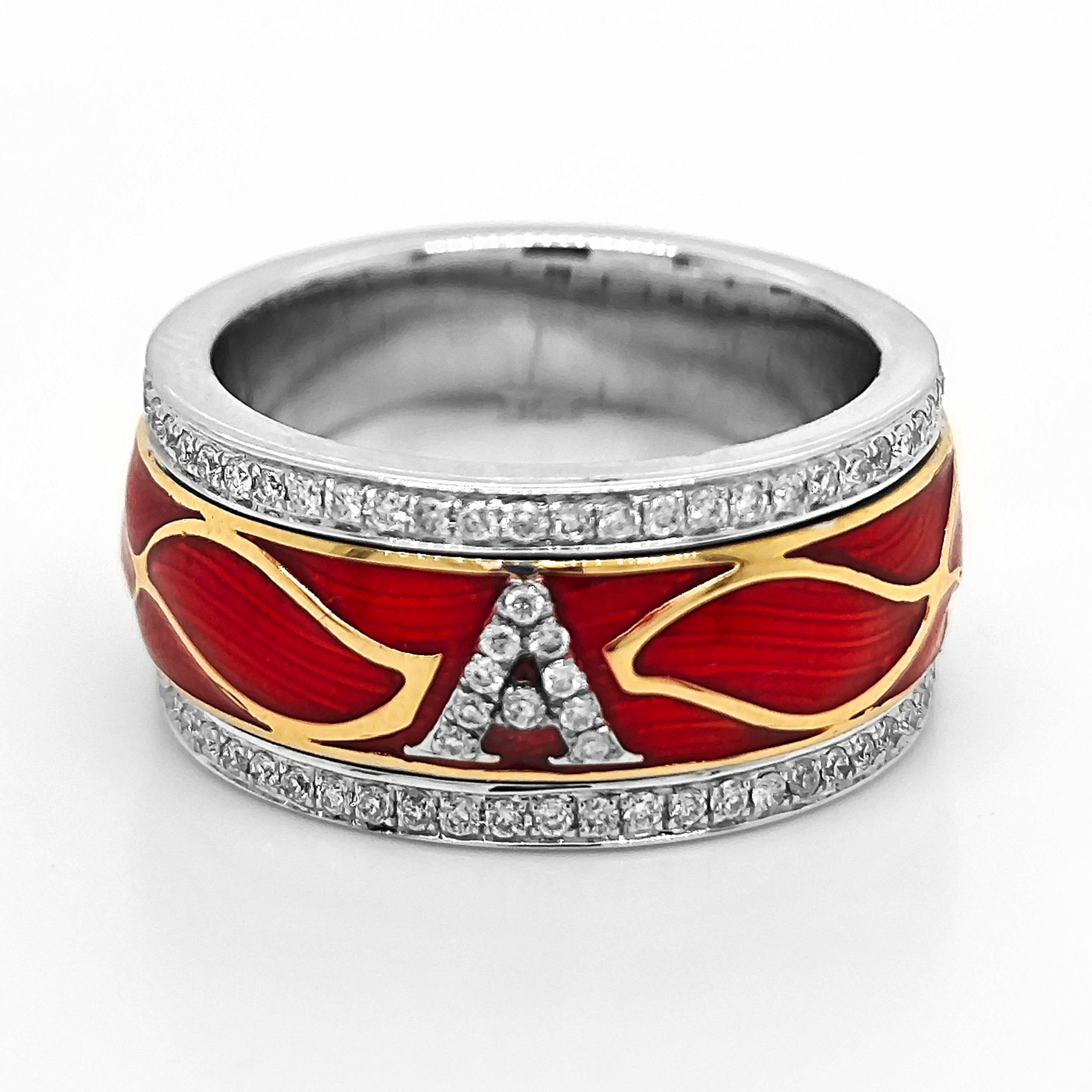 Round Cut 0.61 Carat White Diamond White Gold Red Enamel Ring For Sale