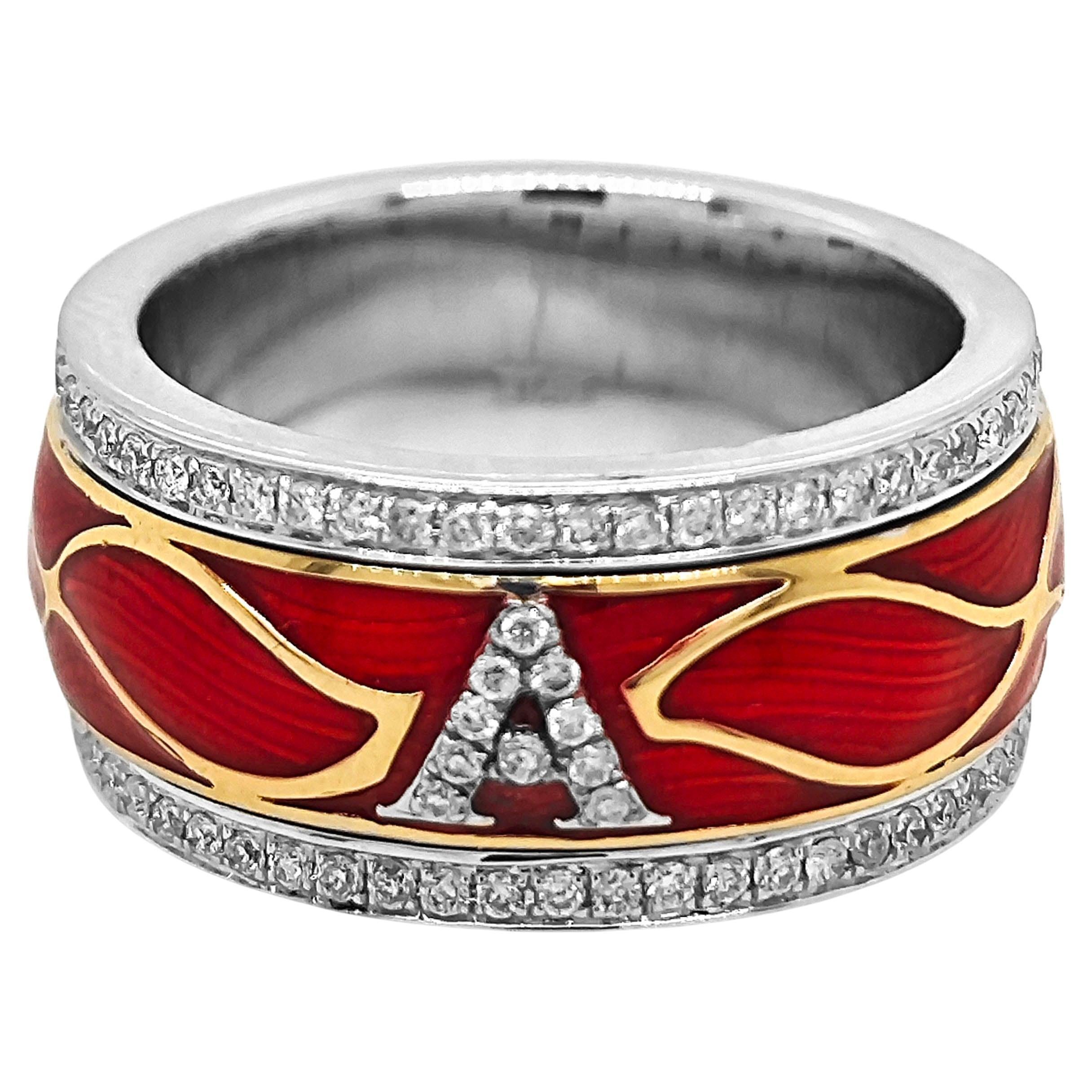 0.61 Carat White Diamond White Gold Red Enamel Ring For Sale
