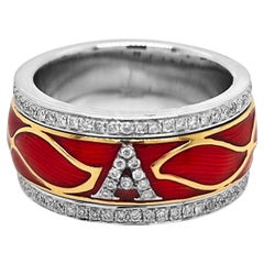 0,61 Quilates Diamante Blanco Anillo Oro Blanco Esmalte Rojo