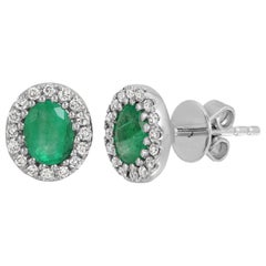 0.61 CT Colombian Emerald and 0.24 CT Diamonds in 14K White Gold Stud Earrings