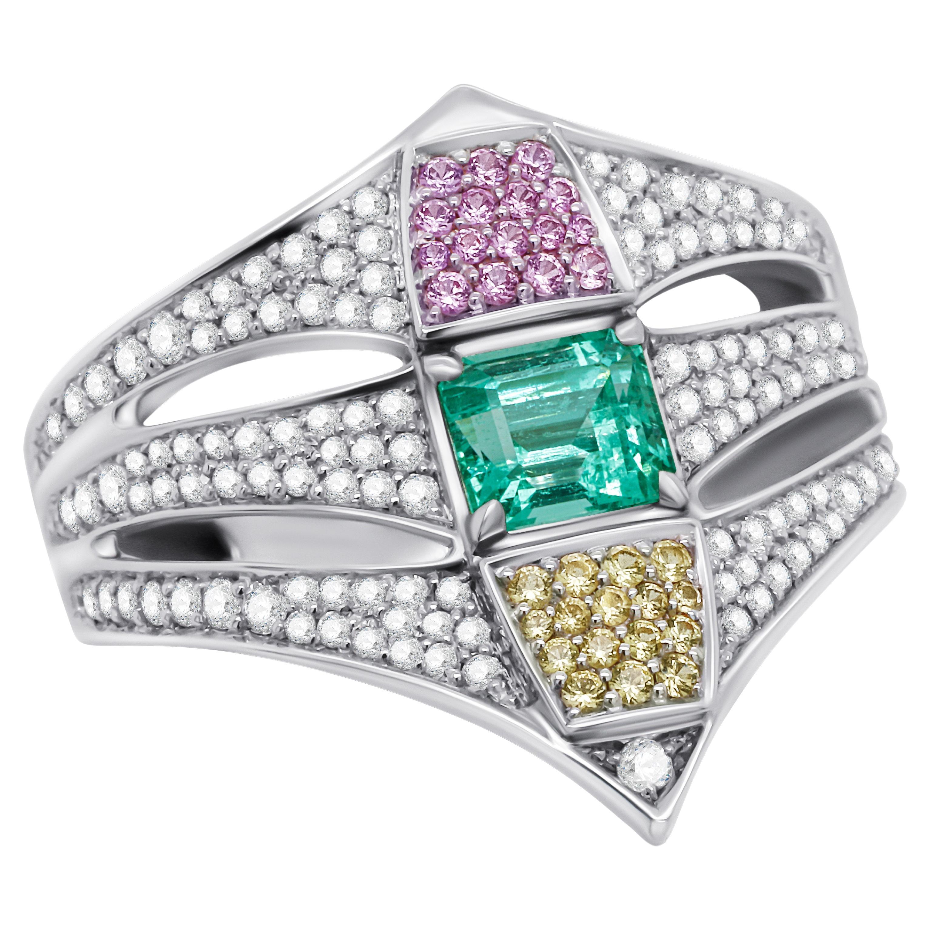 0,61 Karat Smaragd Rosa und gelber Saphir Diamant Dreisteinring im Angebot