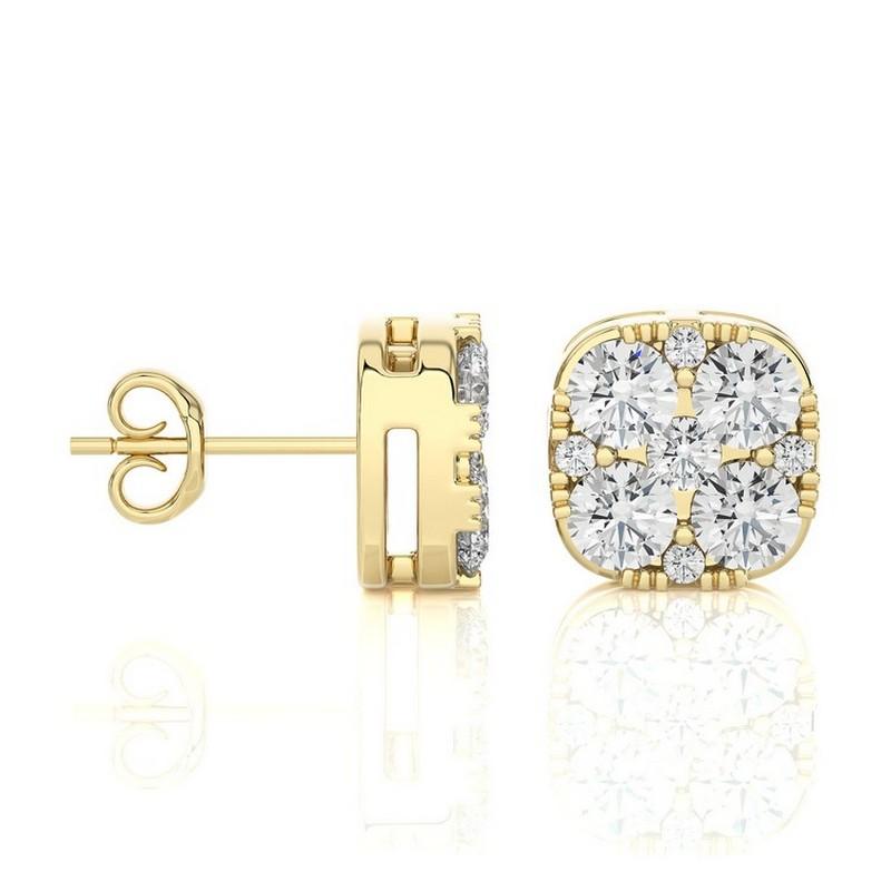 Taglio rotondo Orecchini con perno a cuscino Moonlight con diamanti rotondi 0,61 CTW in oro giallo 18K in vendita