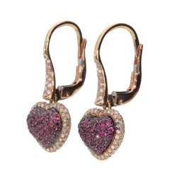 0.61 Rubies 0.41 White Gvs Diamonds 18 Karat Pink Gold Hearts Dangles Earrings