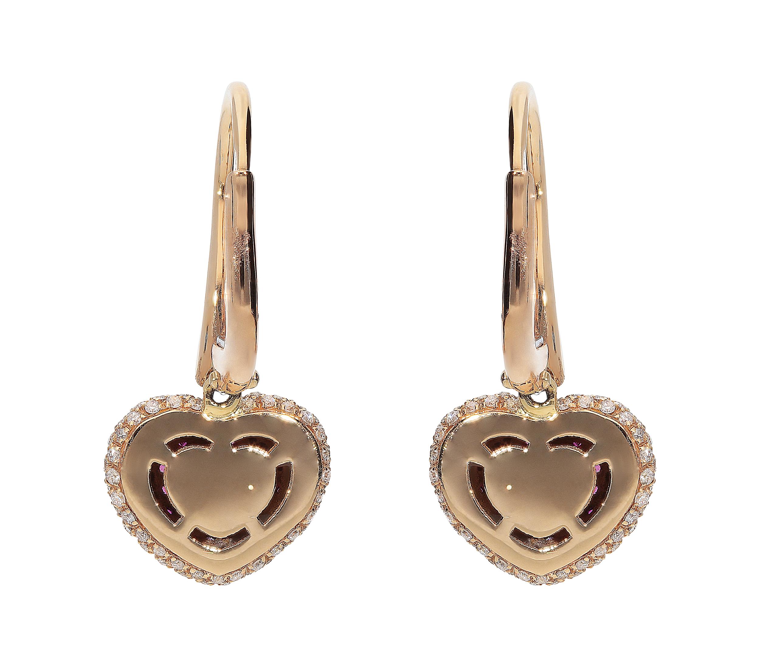 Round Cut 0.61 Rubies 0.41 White Gvs Diamonds 18 Karat Pink Gold Hearts Dangles Earrings For Sale