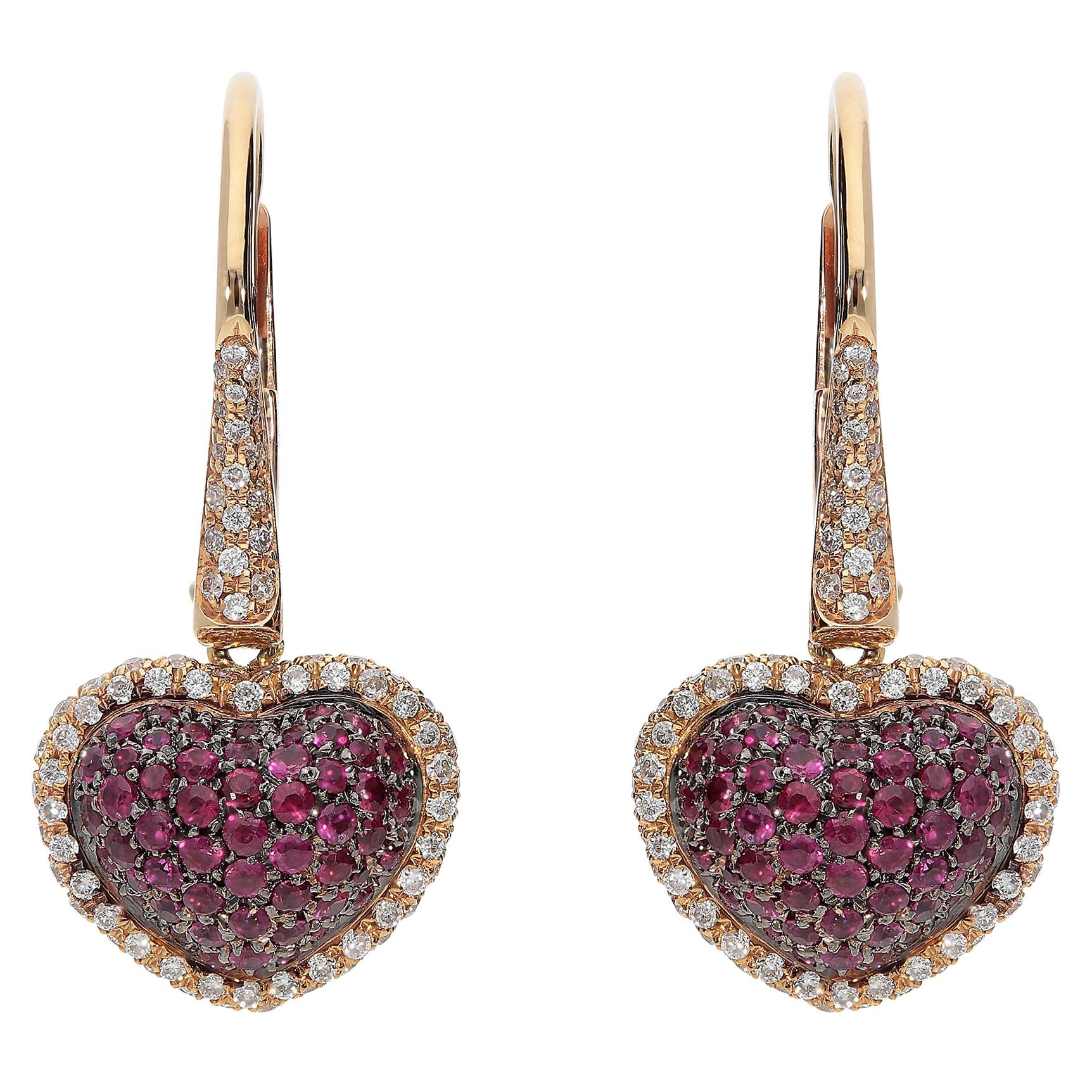 0.61 Rubies 0.41 White Gvs Diamonds 18 Karat Pink Gold Hearts Dangles Earrings For Sale