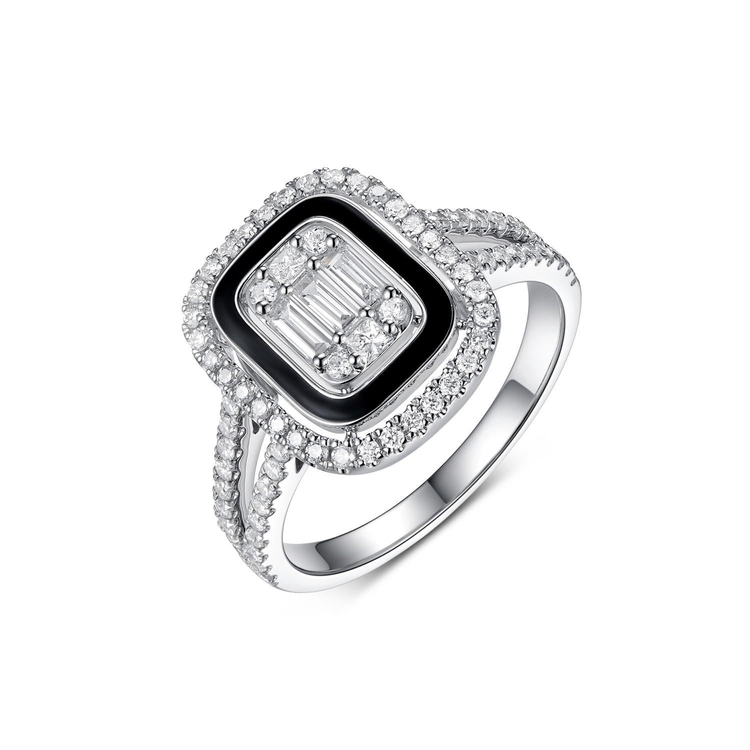Dieser schillernde Baguette-Diamantring aus schwarzer Emaille ist eine bemerkenswerte Verbindung von Vintage-Flair und zeitgenössischer Eleganz. Das Herzstück dieses Rings aus glänzendem 14-karätigem Weißgold ist der strahlende Baguette-Diamant von