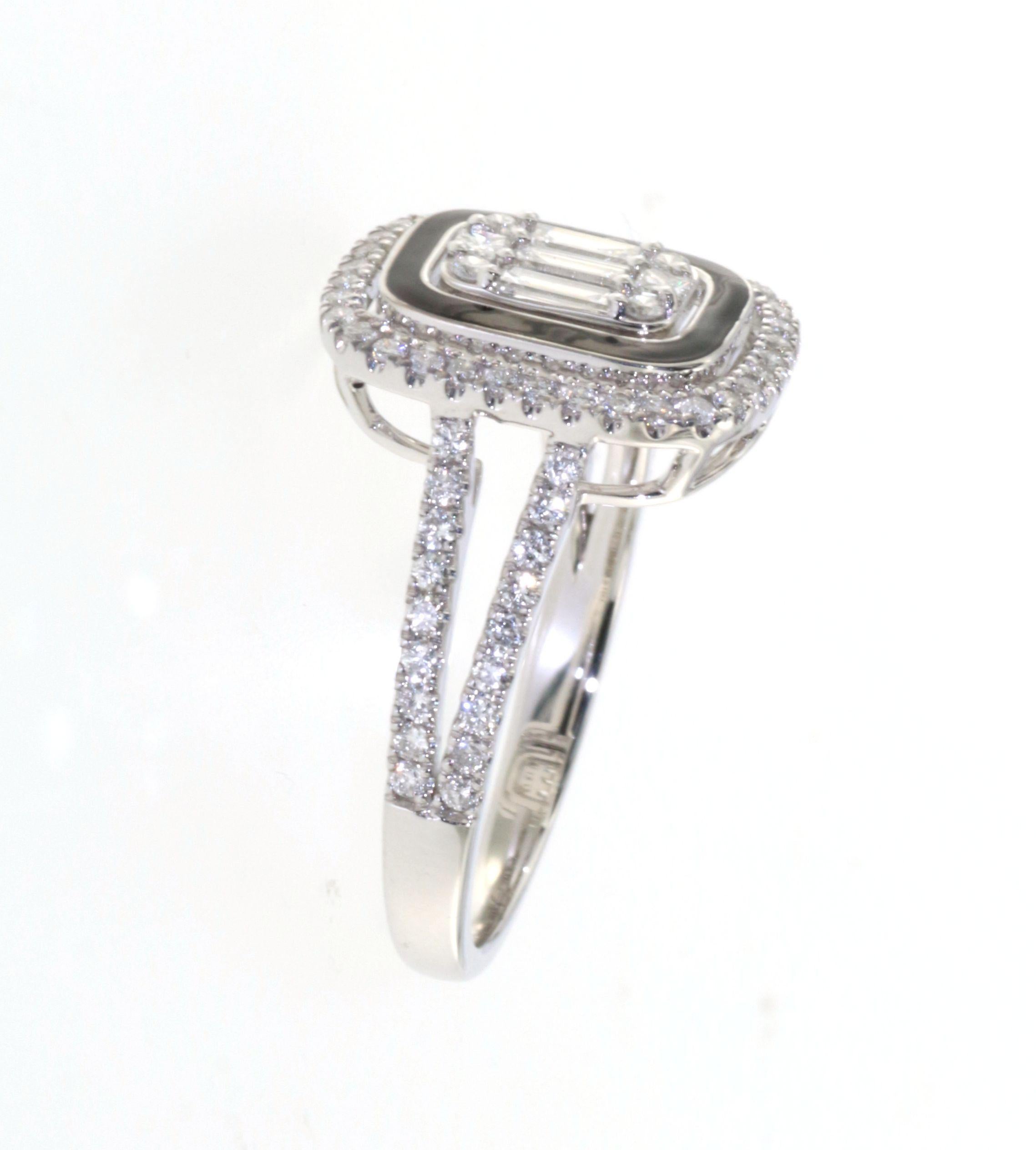 Modern 0.61Ct Baguette Diamond Black Enamel Ring in 14 Karat White Gold For Sale
