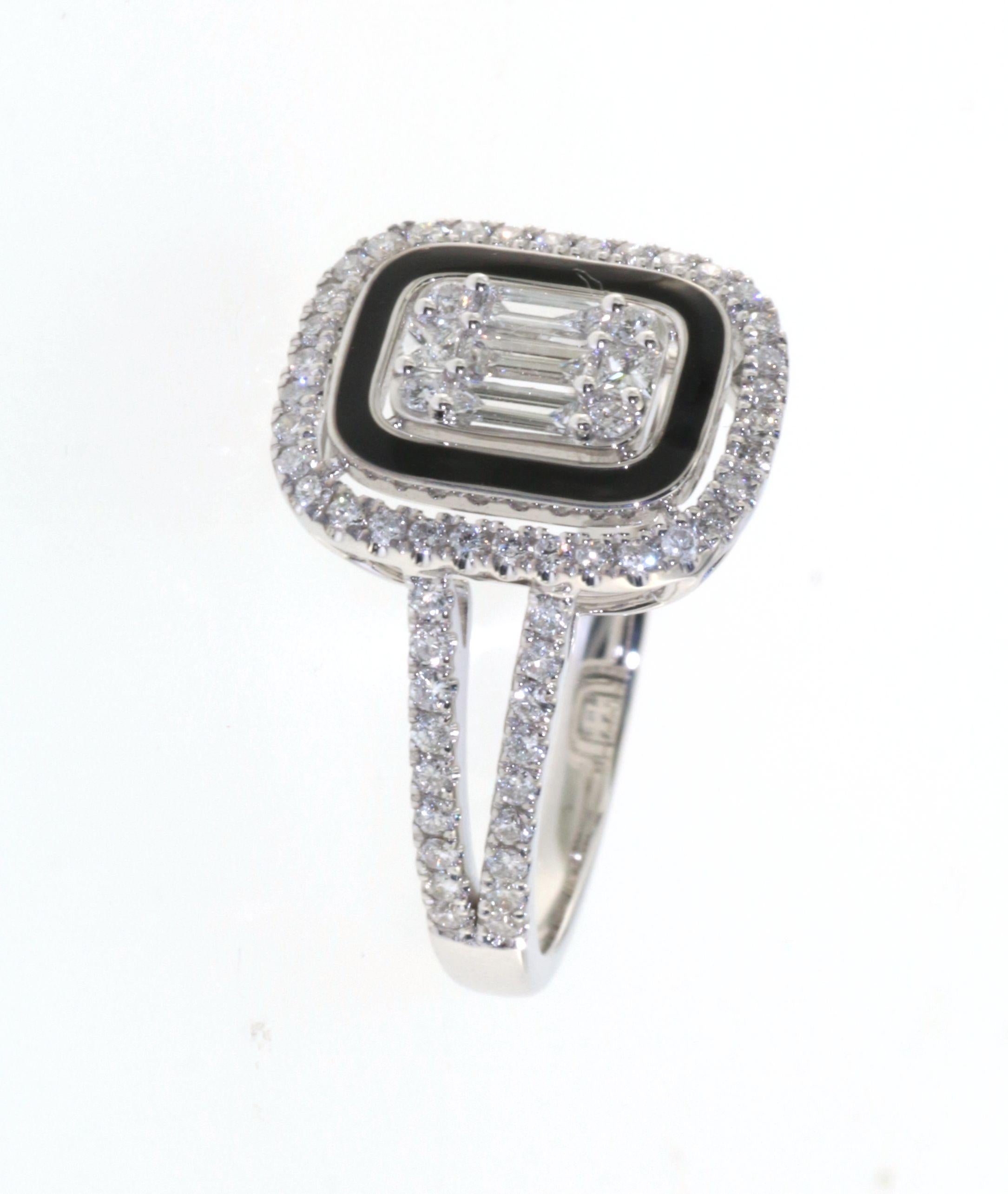 Baguette Cut 0.61Ct Baguette Diamond Black Enamel Ring in 14 Karat White Gold For Sale