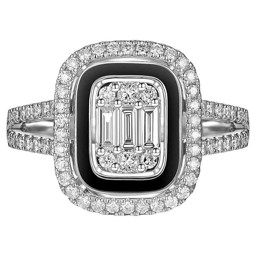 0.61Ct Baguette Diamond Black Enamel Ring in 14 Karat White Gold