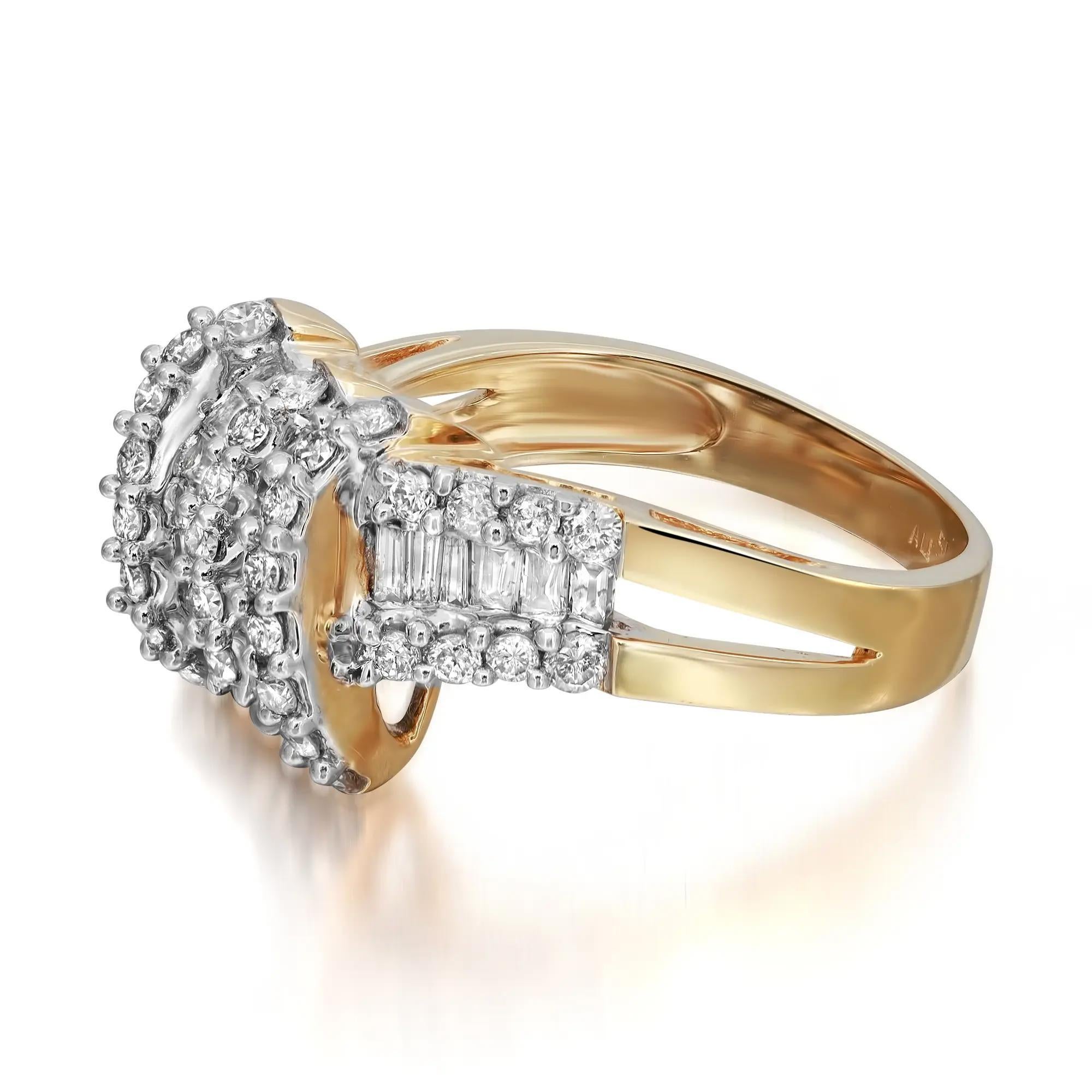 Presenting our Ladies' Cocktail Ring, adorned with 0.61Cttw Baguette and 0.61 Round Diamonds. This beautiful ring is set in 14K Yellow Gold. Ring size 8. Comes with a presentable gift box. 