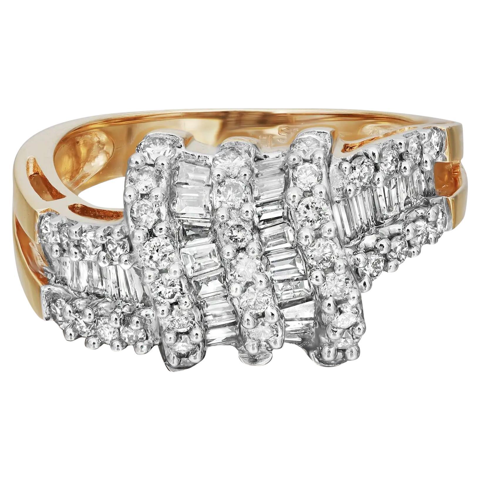 0.61Cttw Baguette & 0.61 Round Diamond Ladies Cocktail Ring 14K Yellow Gold SZ 8 For Sale