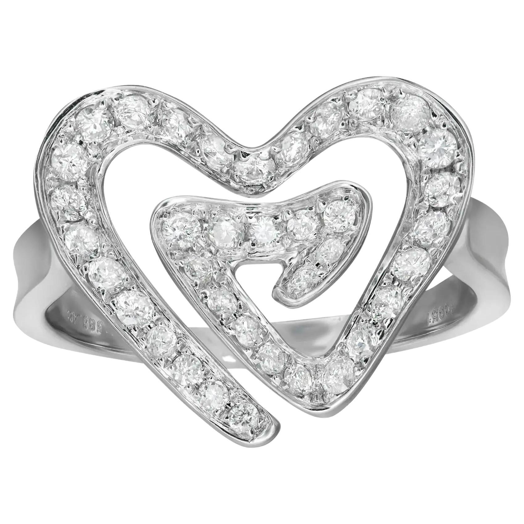 0.61Cttw Pave Set Round Cut Diamond Heart Cocktail Ring 14K White Gold Size 8 For Sale