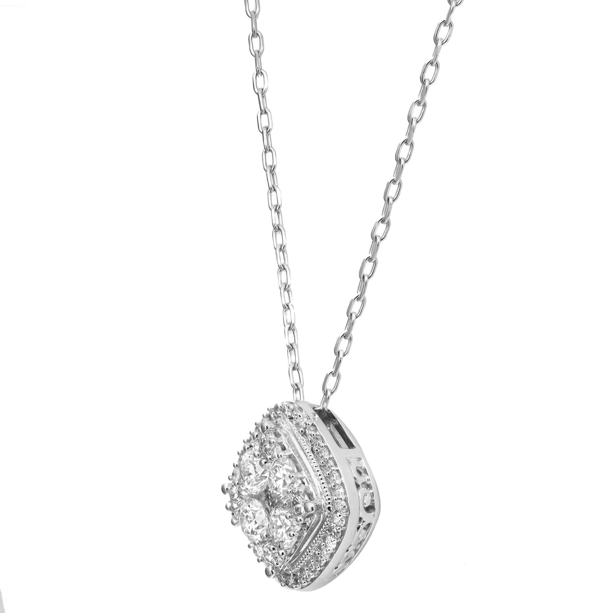 Modern 0.61cttw Prong Set Round Cut Diamond Square Pendant Necklace 14k White Gold For Sale