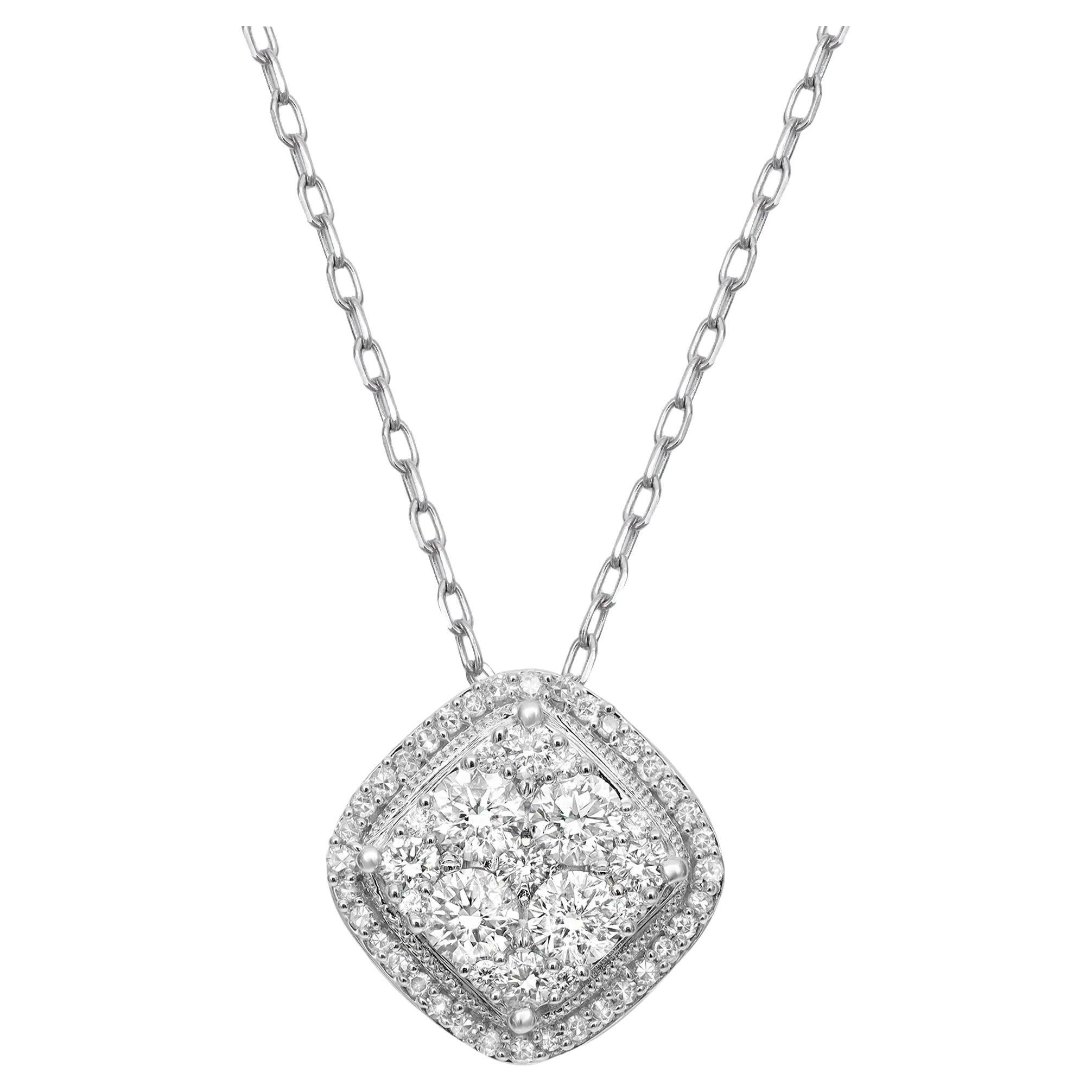 0.61cttw Prong Set Round Cut Diamond Square Pendant Necklace 14k White Gold For Sale