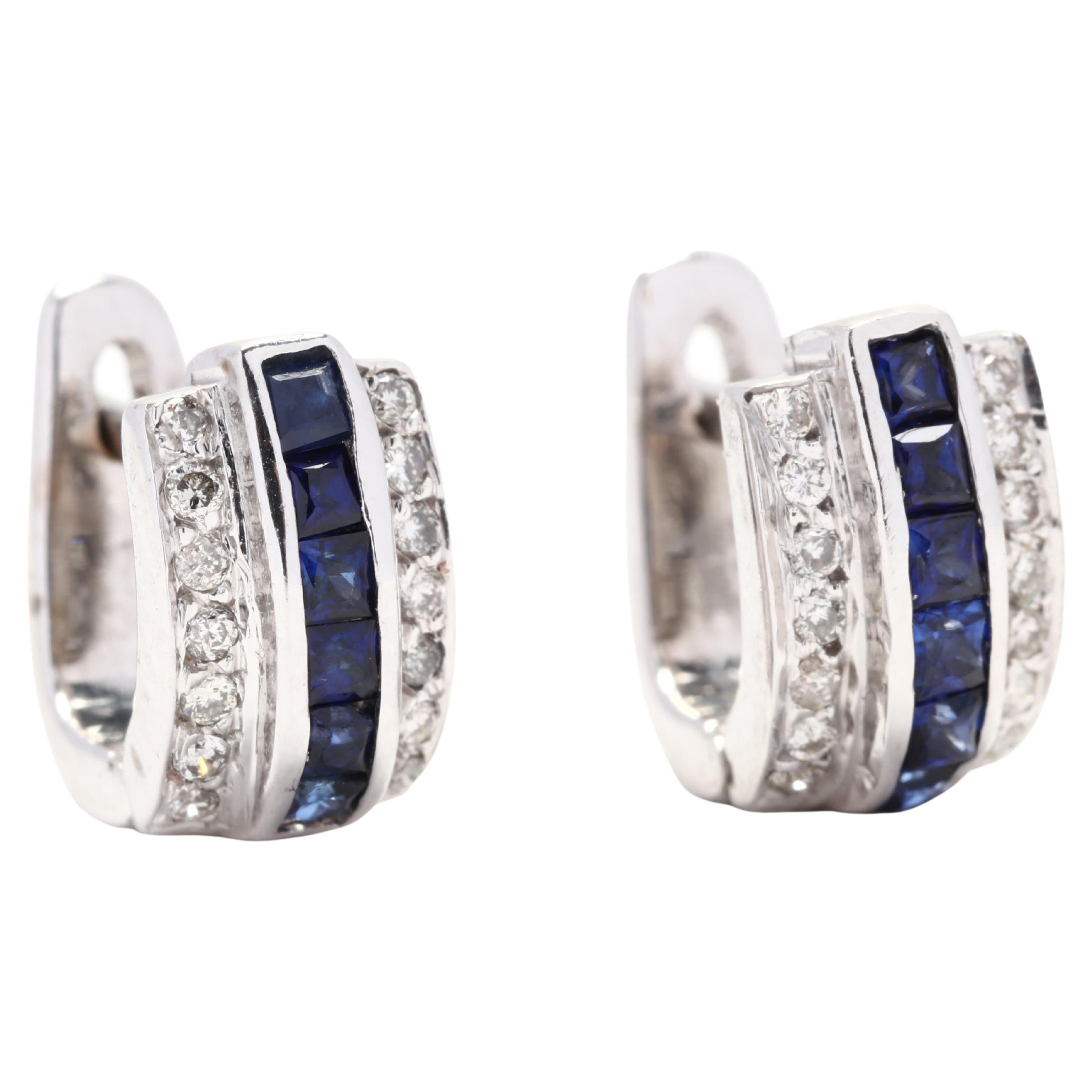 0.61ctw Sapphire Diamond Mini Huggie Hoop Earrings, 18K WhiteGold, Length 3/8 In