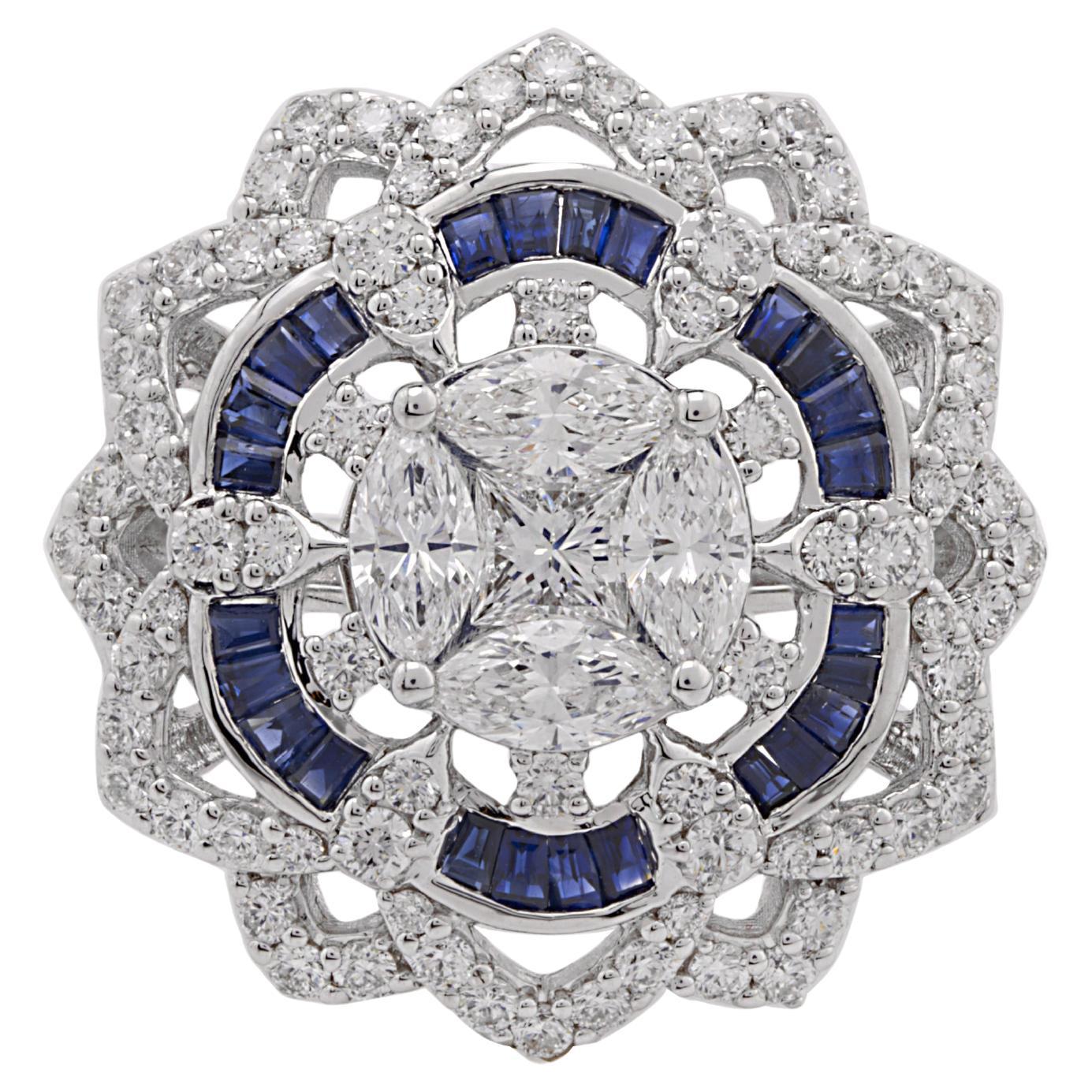 0.62 blue sapphire baguettes with 0.67 marquess and diamonds in 18 Karat Gold. For Sale