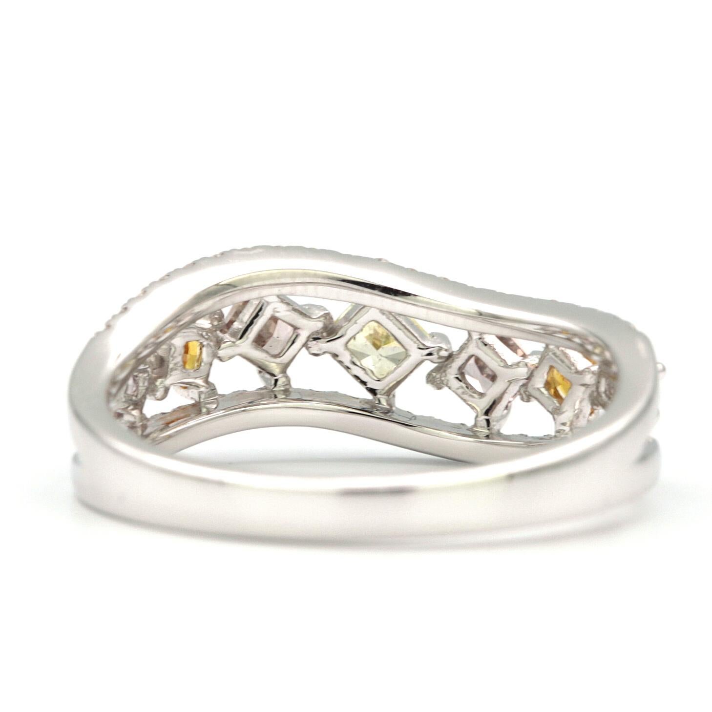 Cushion Cut 0.62 Carat 7 Multicolored Diamonds 18 Karat White Ring For Sale