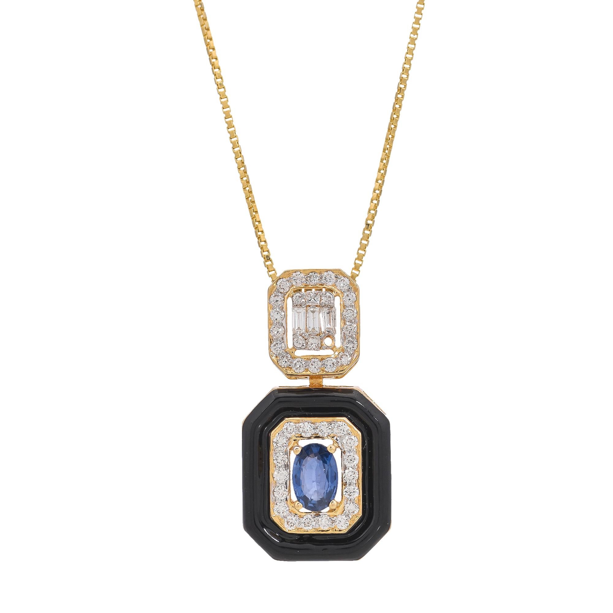 Modern 0.62 Carat Blue Sapphire Diamond and Blue Enamel 18kt Yellow Gold Pendant For Sale