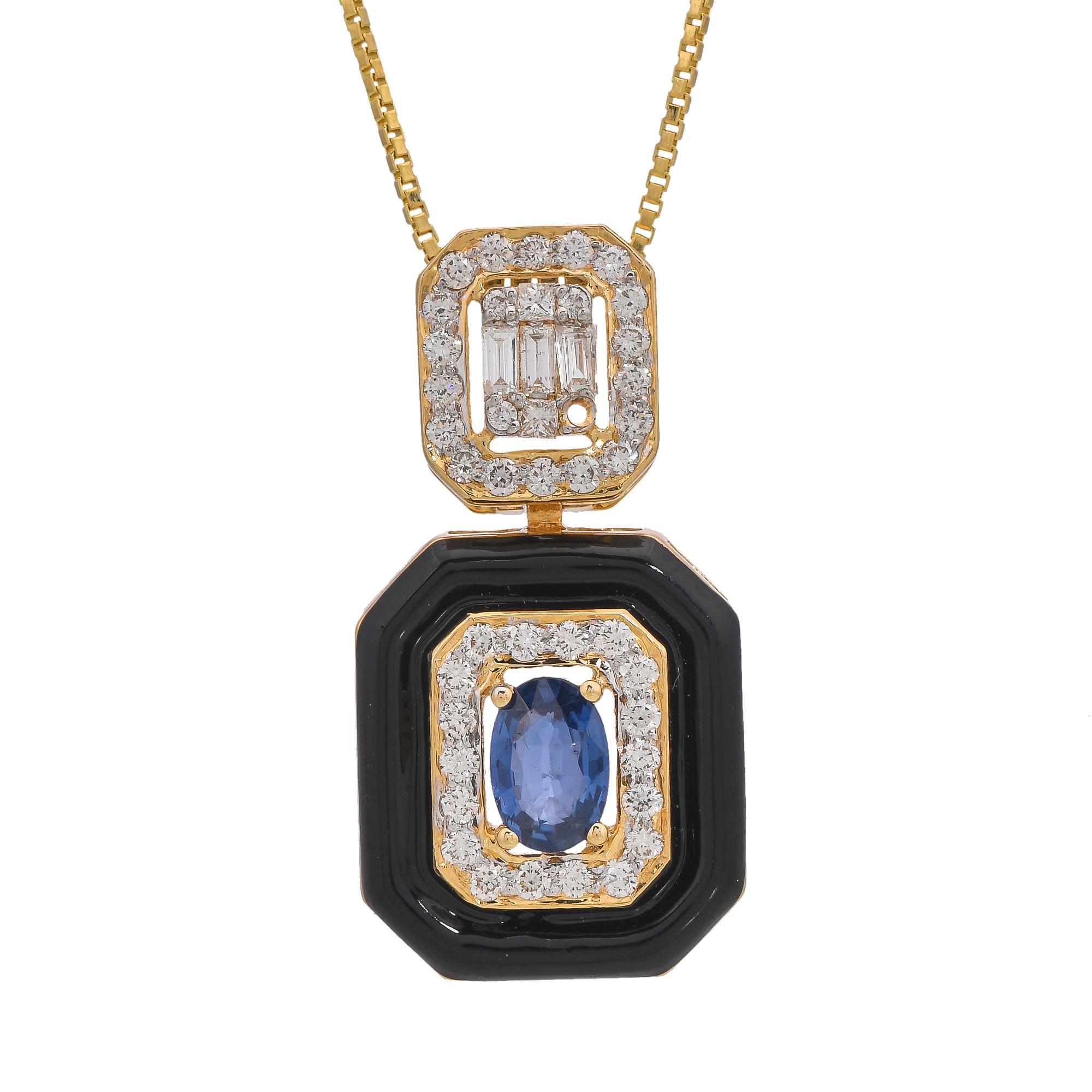0.62 Carat Blue Sapphire Diamond and Blue Enamel 18kt Yellow Gold Pendant In New Condition For Sale In Jaipur, Jaipur