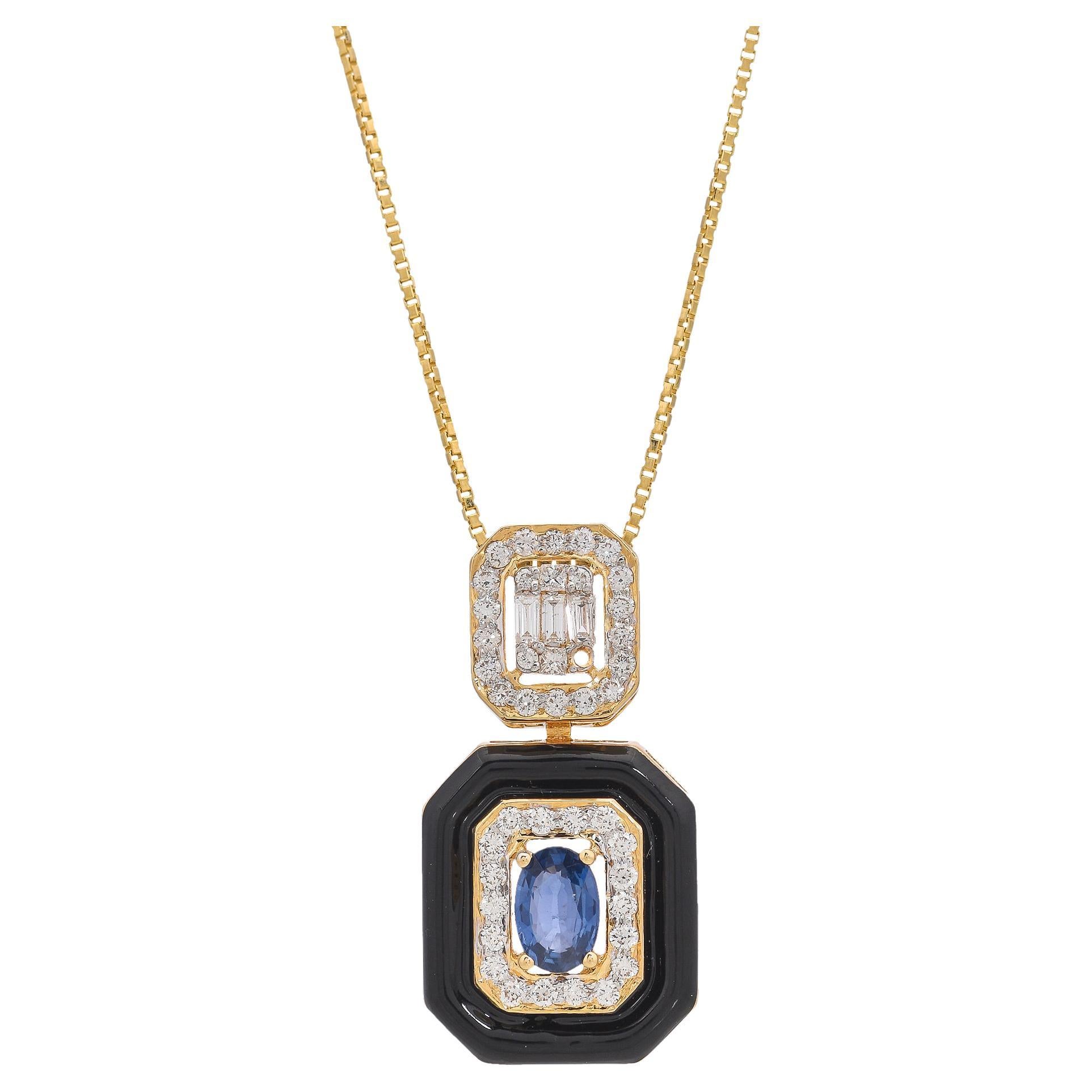 0.62 Carat Blue Sapphire Diamond and Blue Enamel 18kt Yellow Gold Pendant For Sale