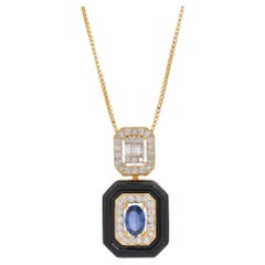 0.62 Carat Blue Sapphire Diamond and Blue Enamel 18kt Yellow Gold Pendant