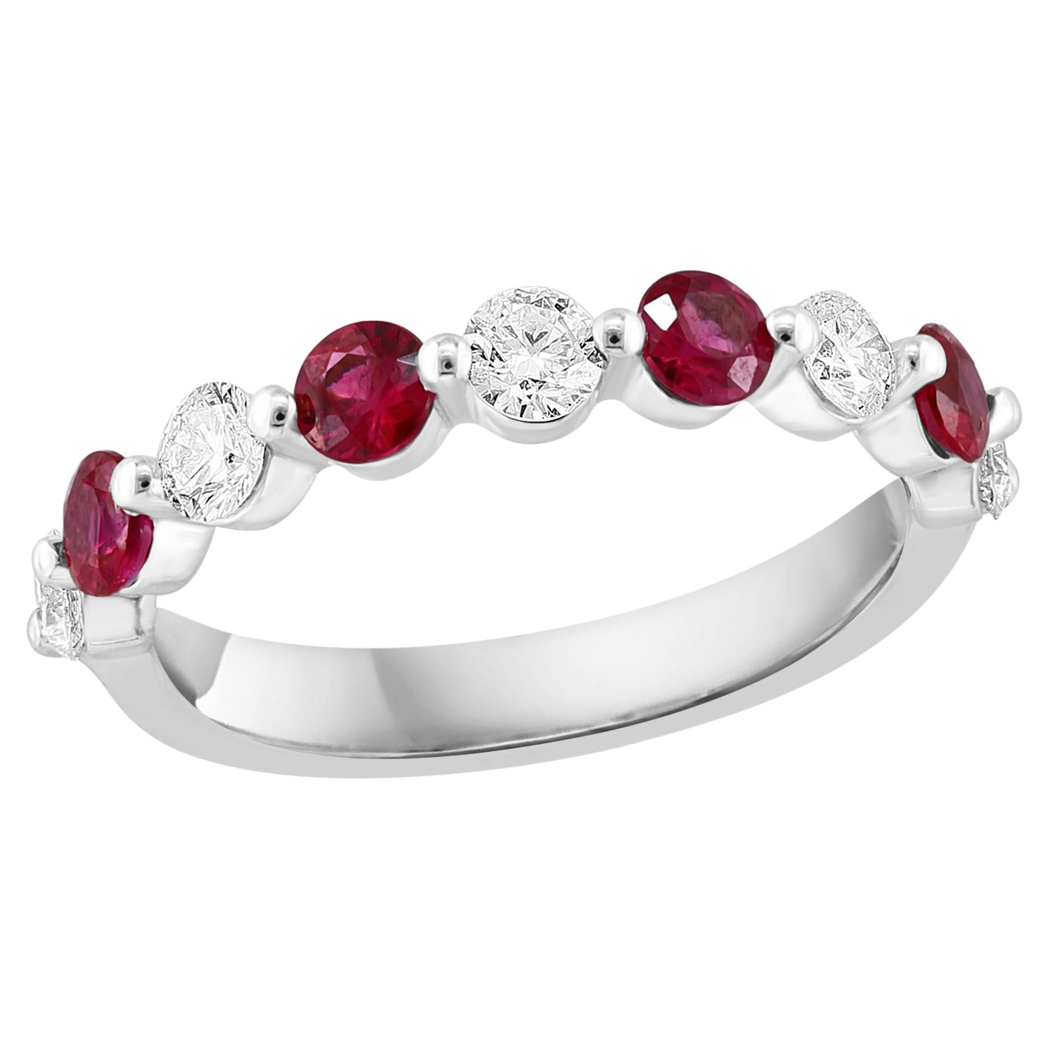 0.62 Carat Brilliant cut Ruby and Diamond 9 stone Wedding Band in 14K White Gold For Sale