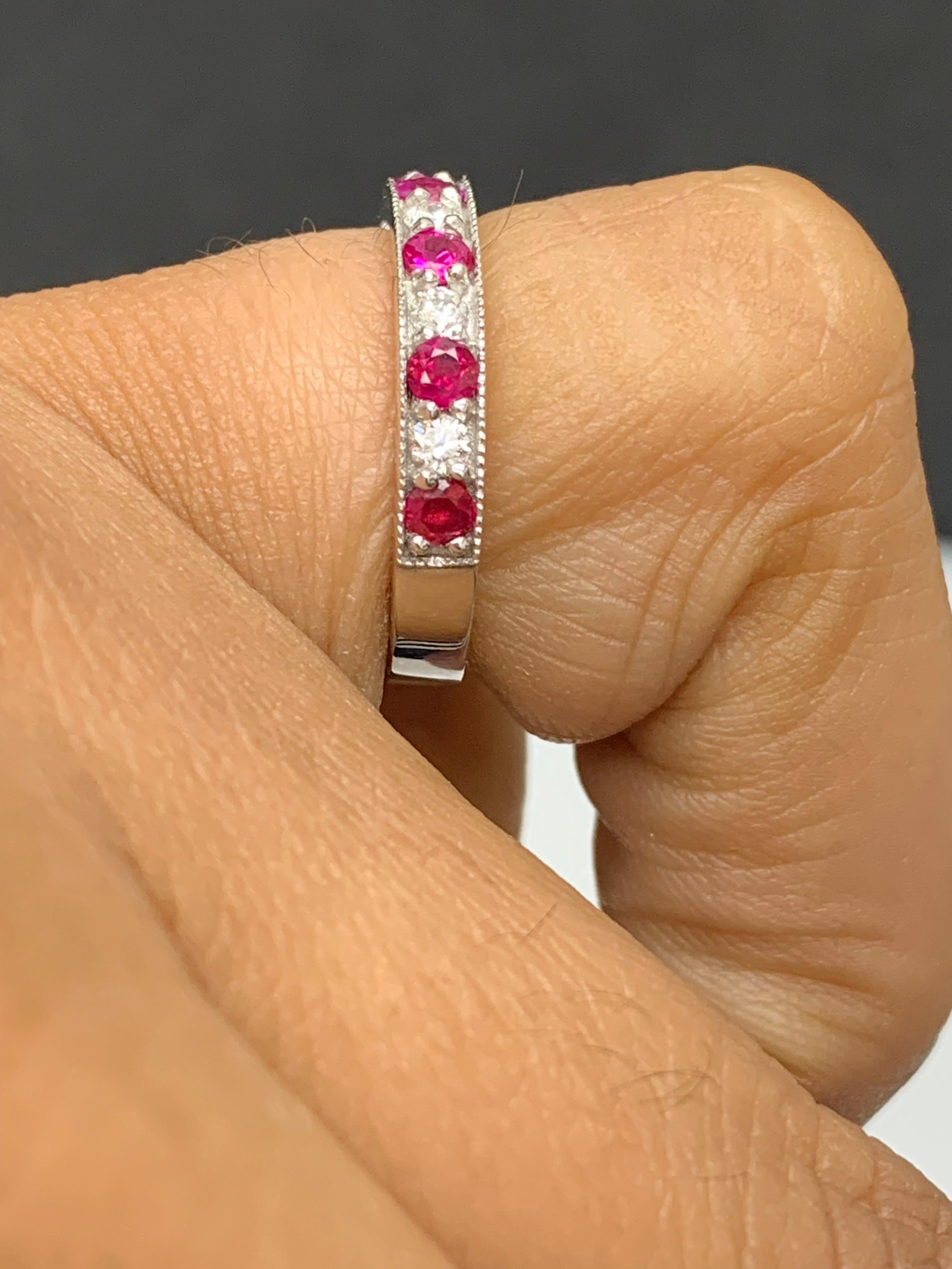 Women's 0.62 Carat Brilliant Cut Ruby and Diamond Band in 14K White Gold For Sale