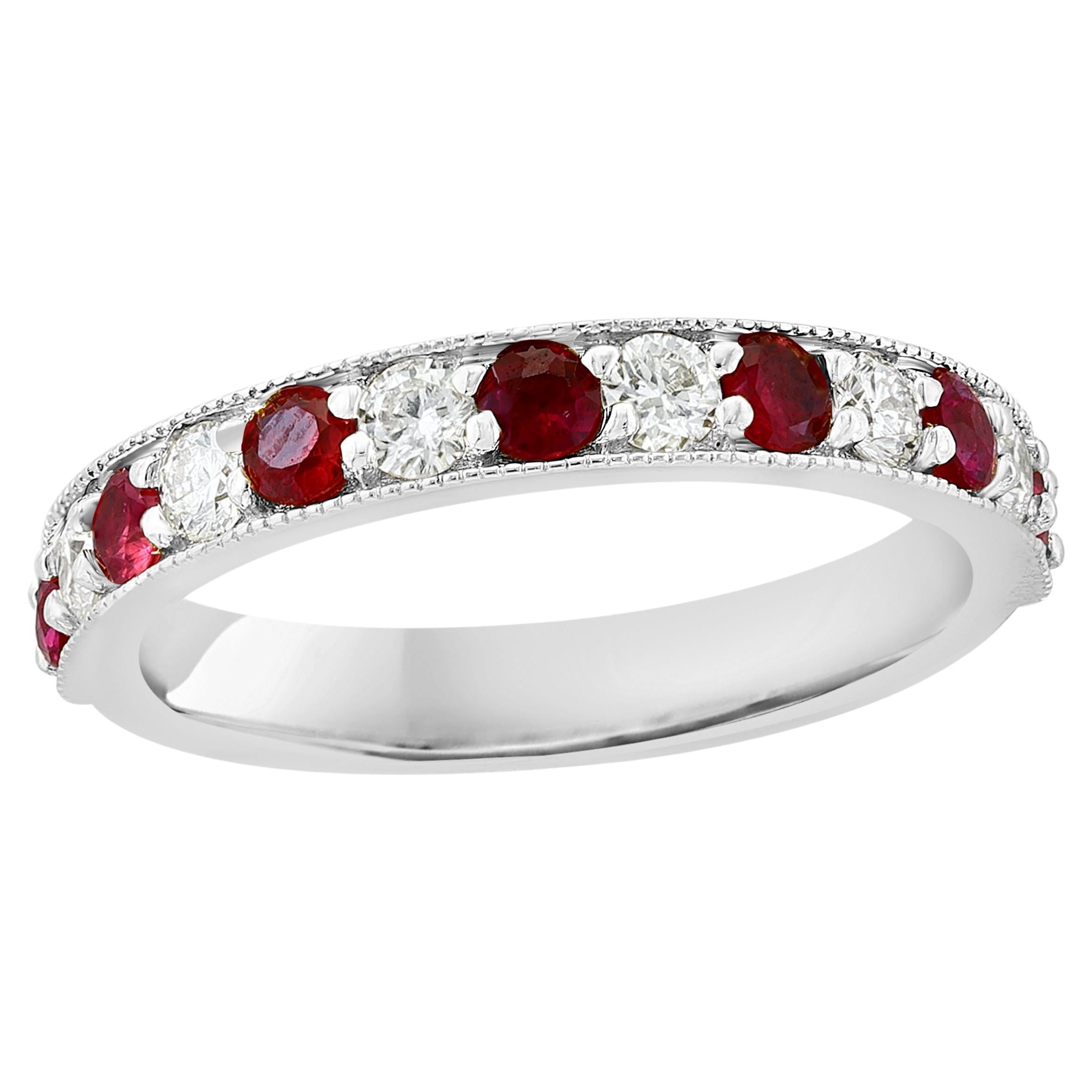 0.62 Carat Brilliant Cut Ruby and Diamond Band in 14K White Gold For Sale