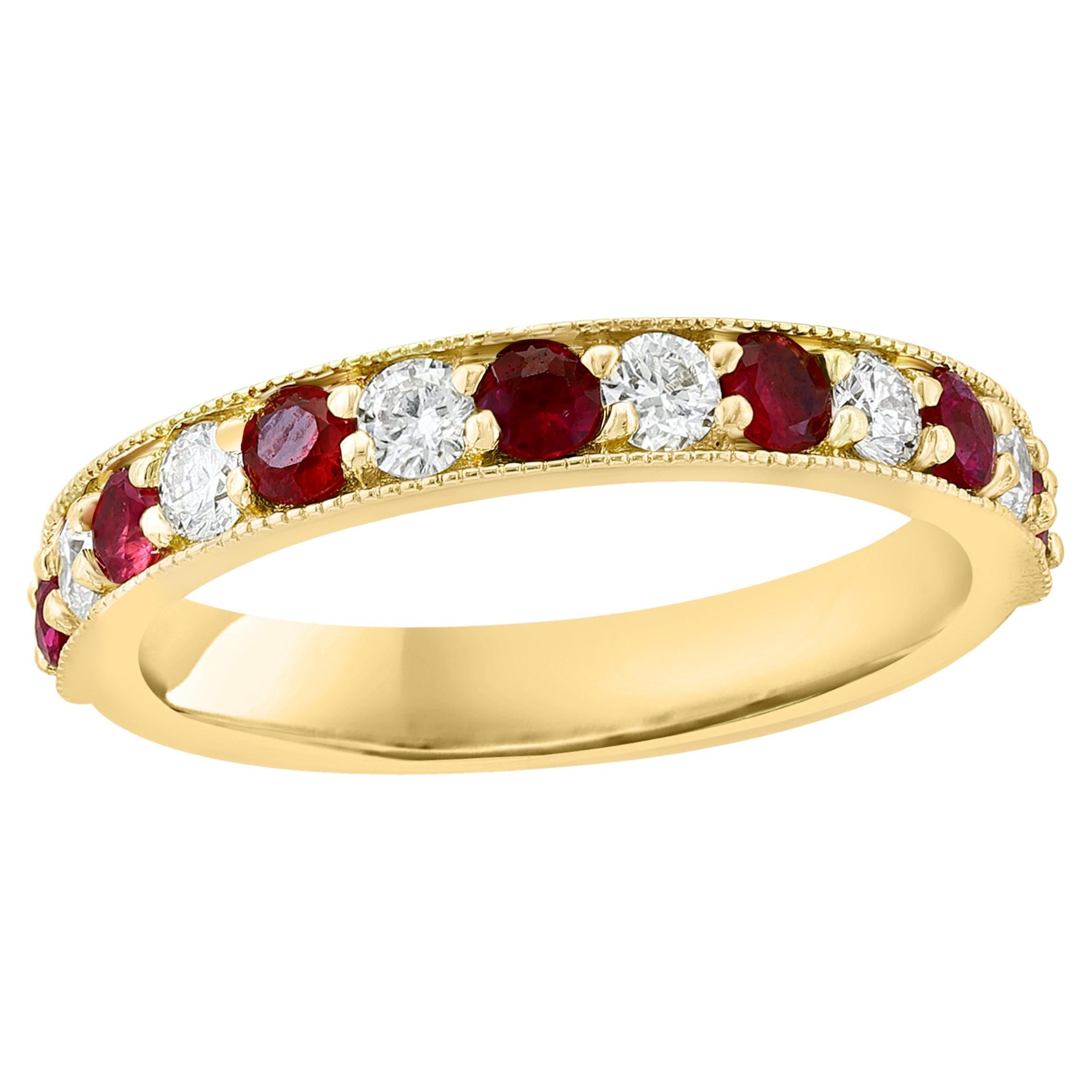 0.62 Carat Brilliant Cut Ruby and Diamond Band in 14K Yellow Gold