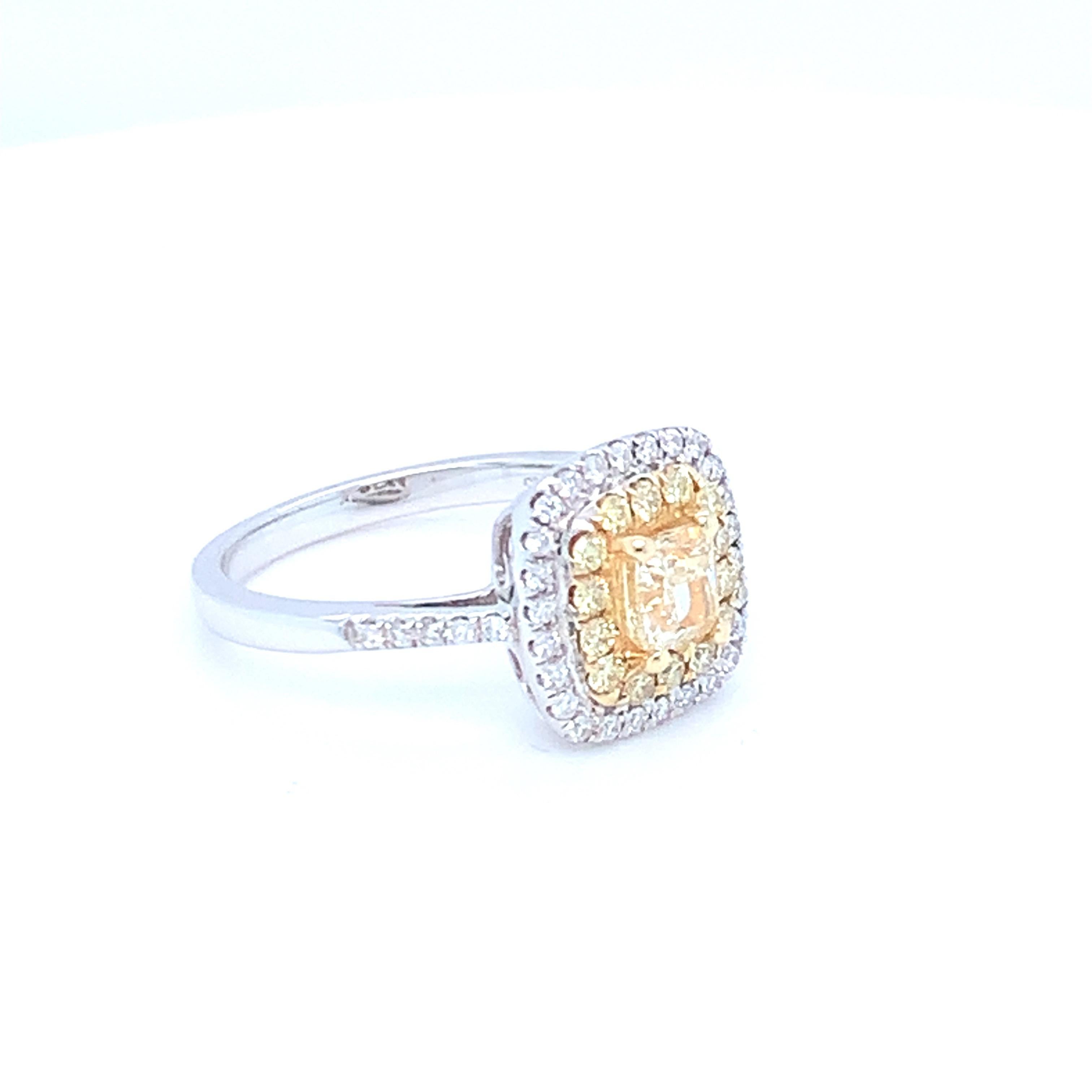 Cushion Cut 0.62 Carat Cushion Yellow Diamond White Diamond Halo Ring For Sale