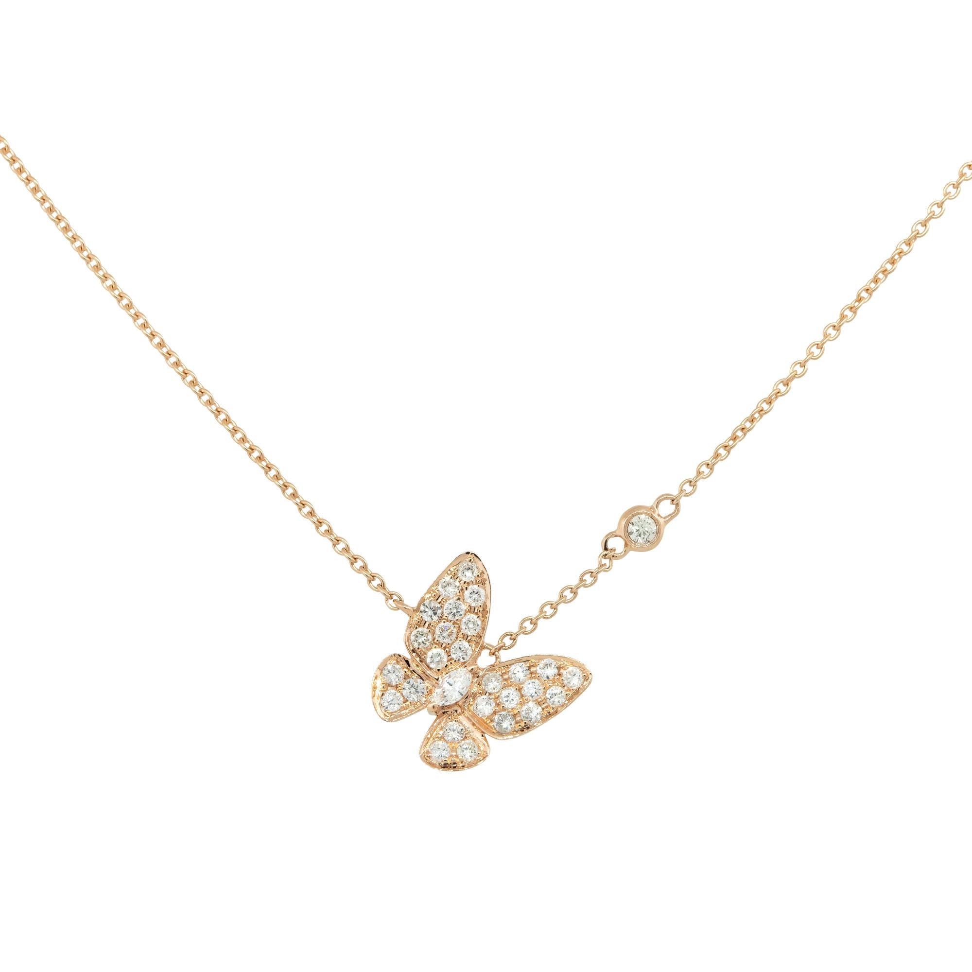 18k Rose Gold 0.62ctw Diamond Butterfly with Diamond Station Necklace
Material: 18k Rose Gold
Diamond Details: Approximately 0.62ctw of Marquise and Round Brilliant cut Diamonds. There is a bezel set round diamond station to the right of the