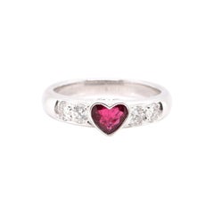Vintage 0.62 Carat, Natural, Heart-Shape Ruby and Diamond Ring Set in 18k White Gold