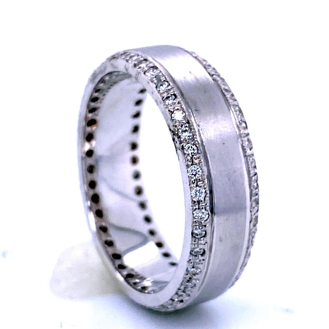 Round Cut 0.62 Carat Pave Set Eternity Style Diamond 18 Karat Gents Ring For Sale