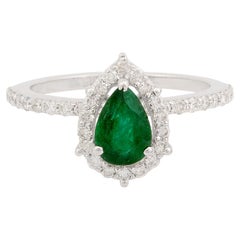 0.62 Carat Pear Emerald Ring 0.43 Carat Diamond Pave 18 Karat White Gold Jewelry