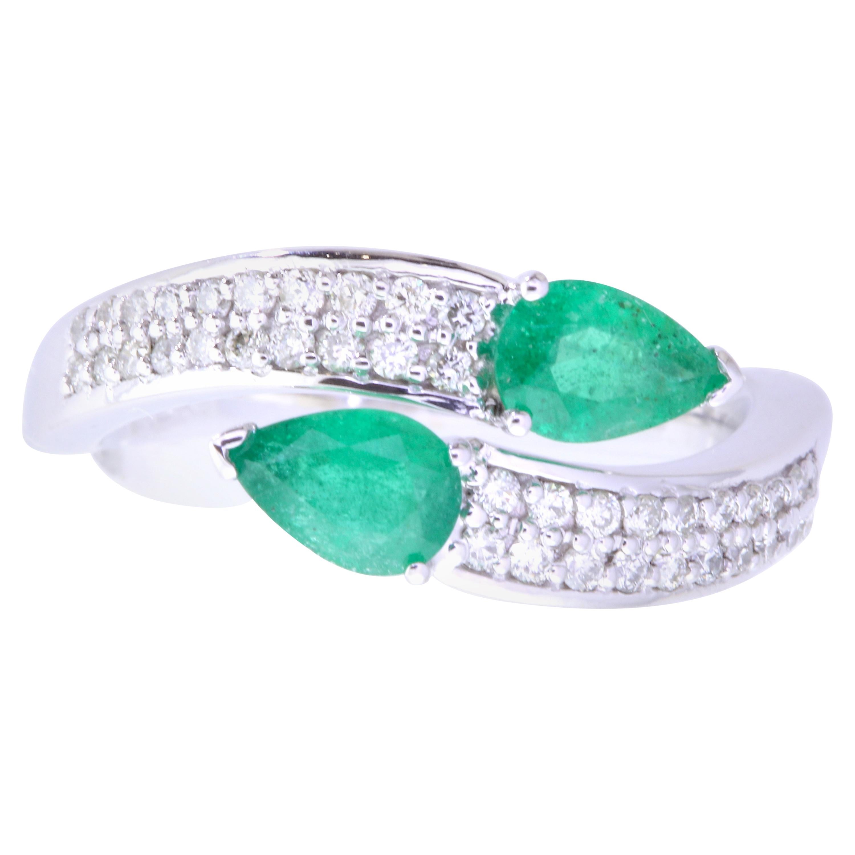 0.62 Carat Pear Shaped Emerald and White Diamond Wrap Ring