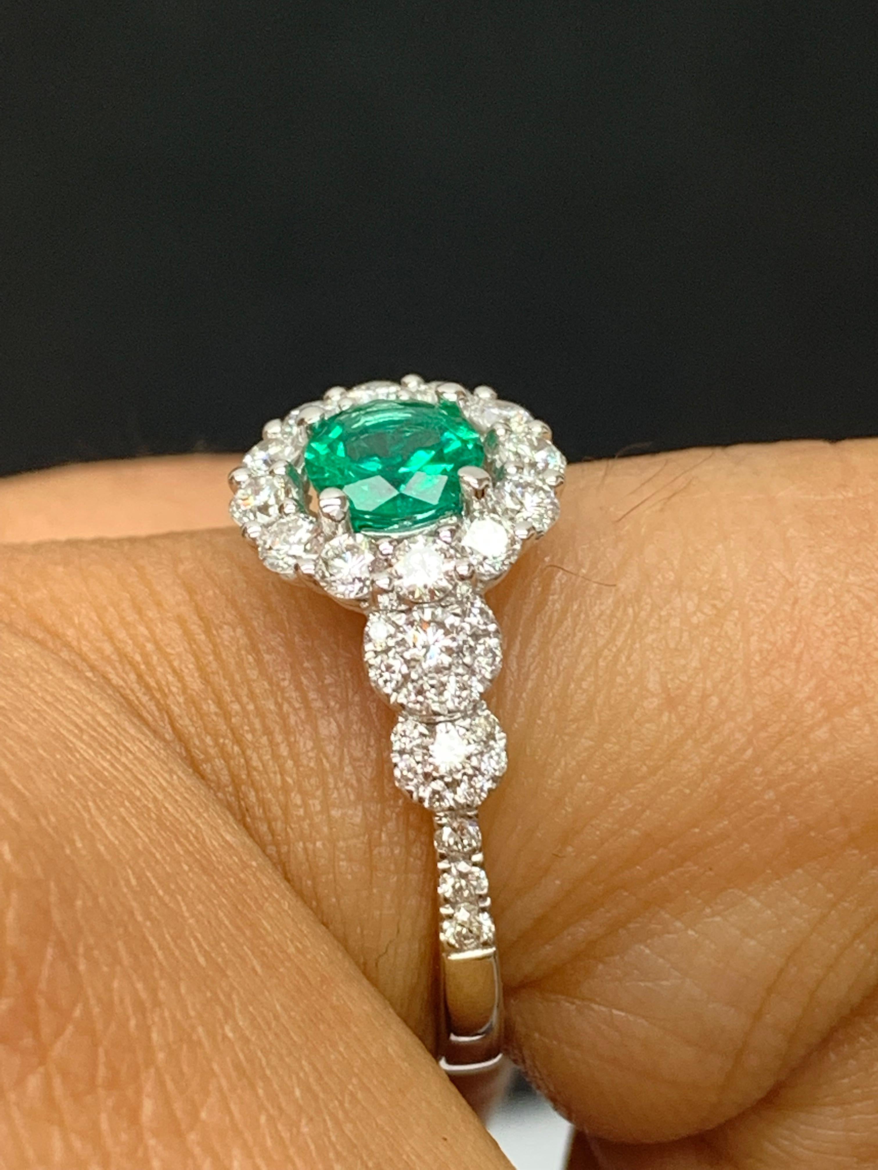0.62 Carat Round Cut Emerald and Diamond Fashion Ring in 18k White Gold For Sale 1