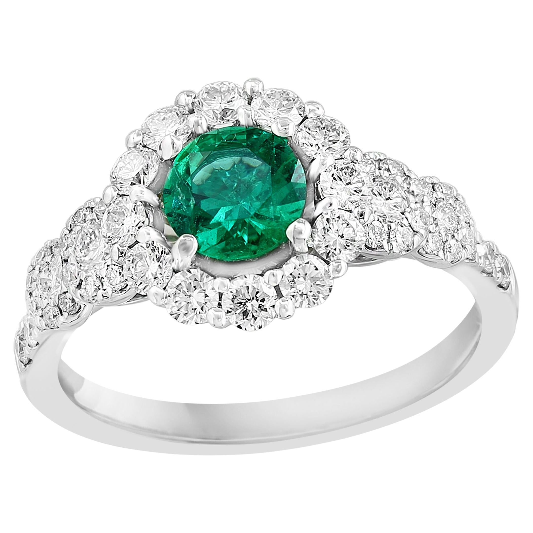 0.62 Carat Round Cut Emerald and Diamond Fashion Ring in 18k White Gold For Sale