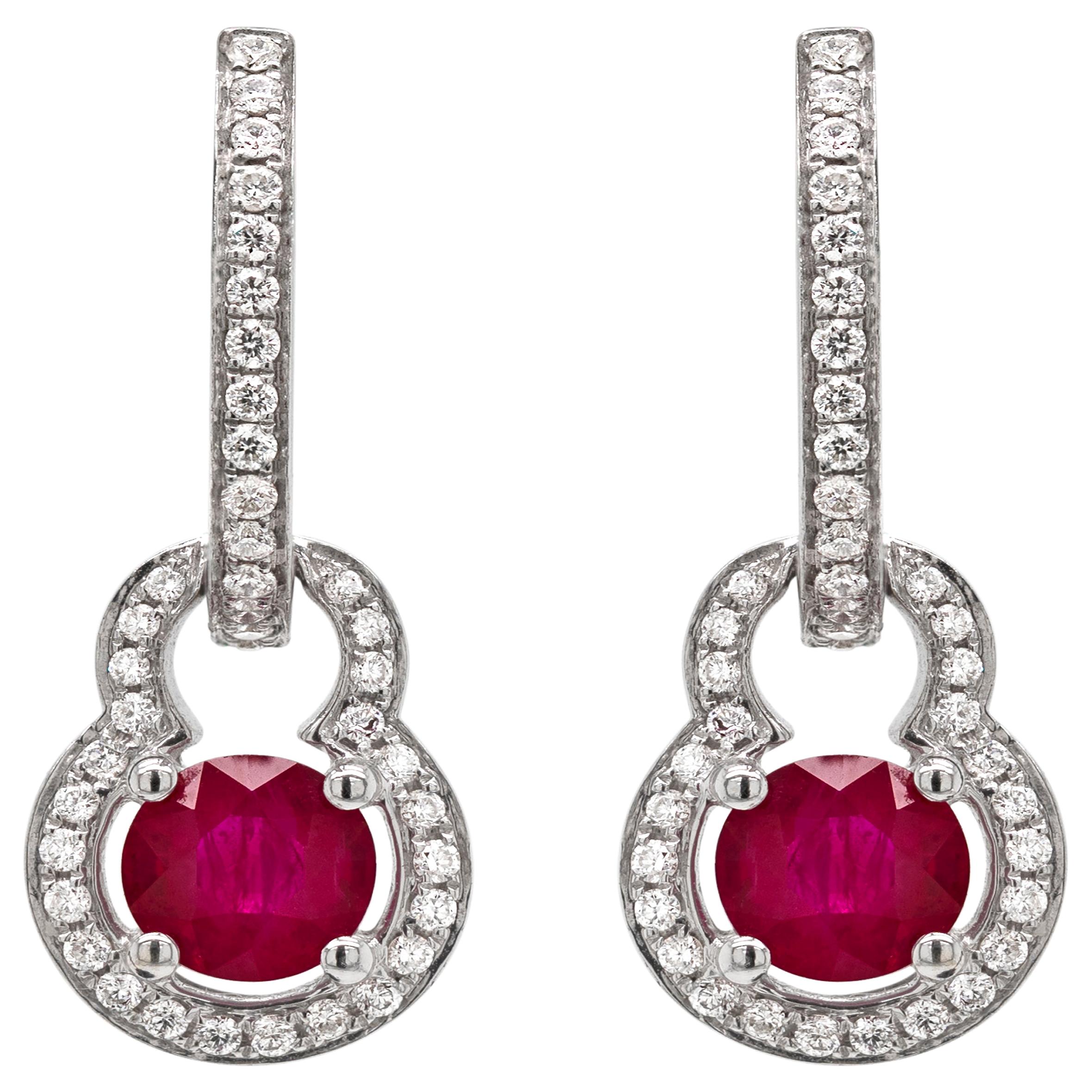 0.62 Carat Ruby and Diamond 18 Carat White Gold Day and Night Earrings For Sale