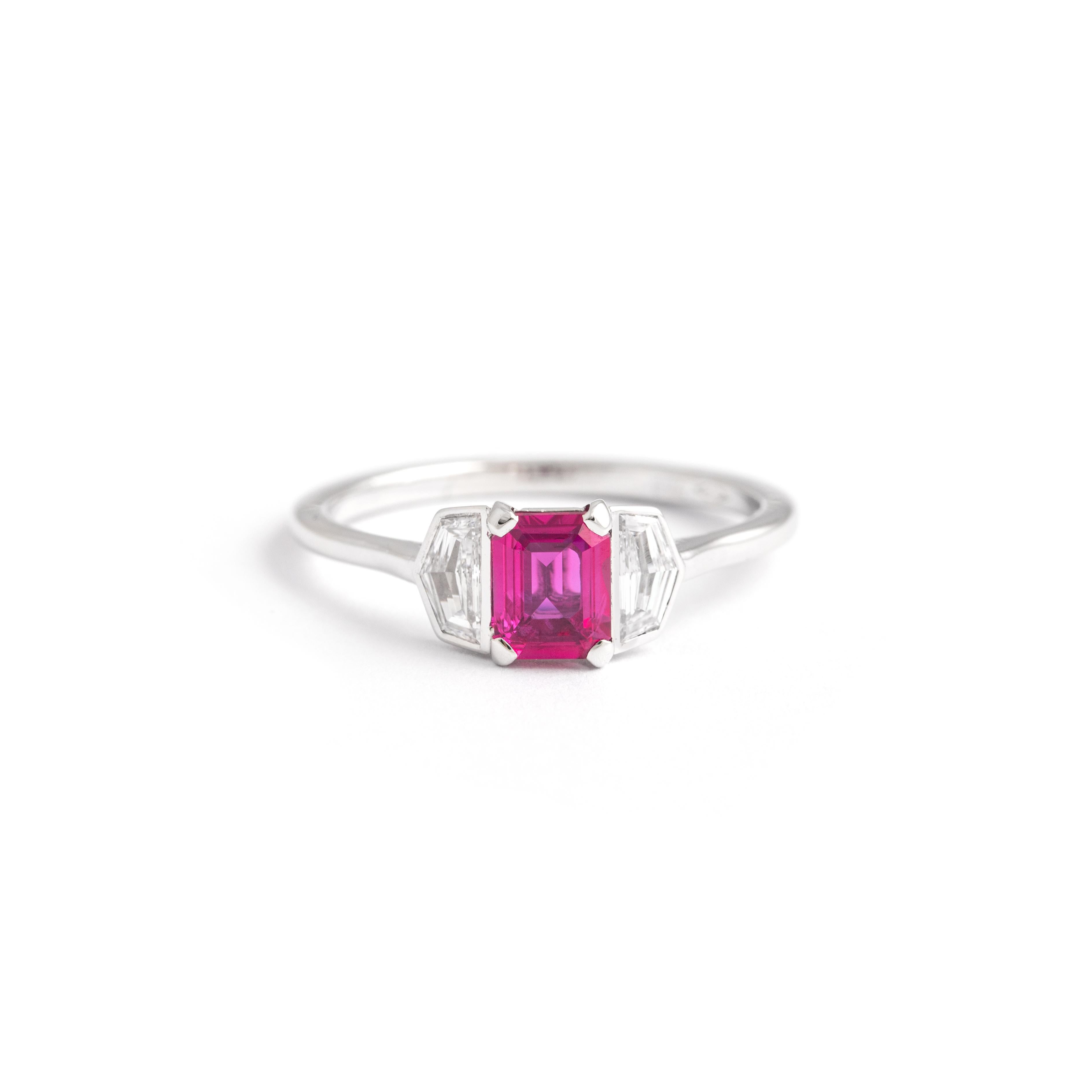 Emerald Cut 0.62 Carat Ruby Diamond White Gold Ring For Sale