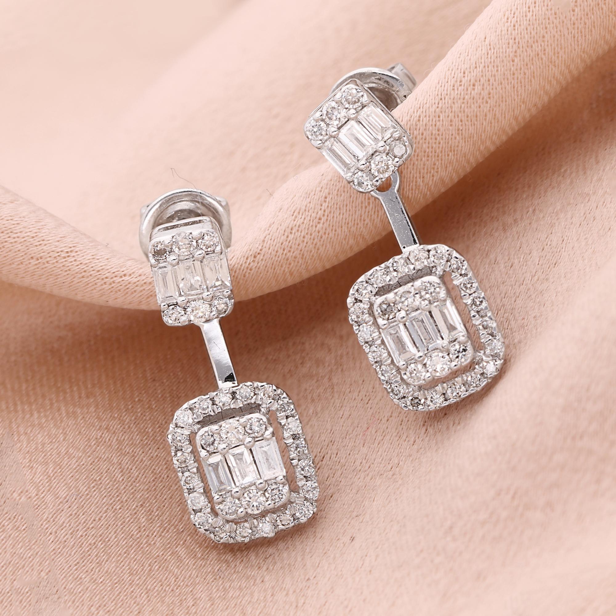 Modern 0.62 Carat SI Clarity HI Color Baguette Diamond Jacket Earrings 14k White Gold For Sale