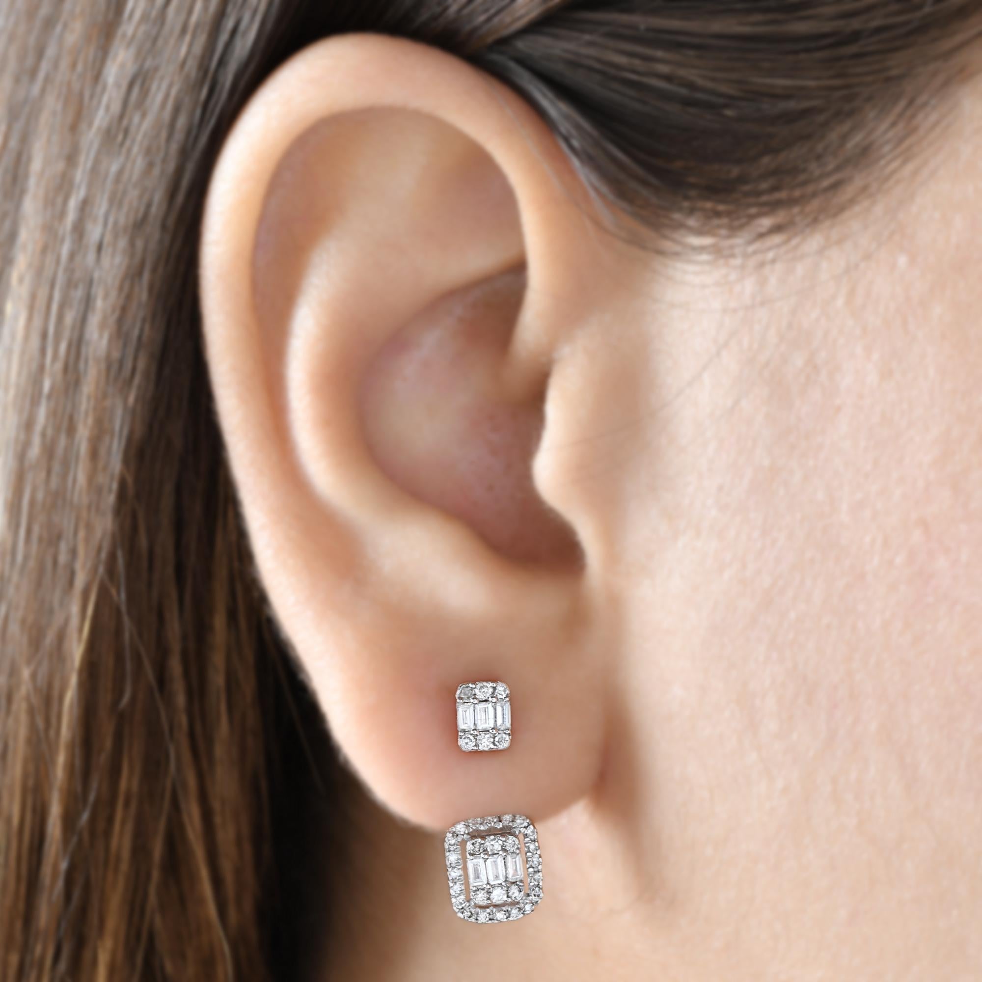 Baguette Cut 0.62 Carat SI Clarity HI Color Baguette Diamond Jacket Earrings 14k White Gold For Sale